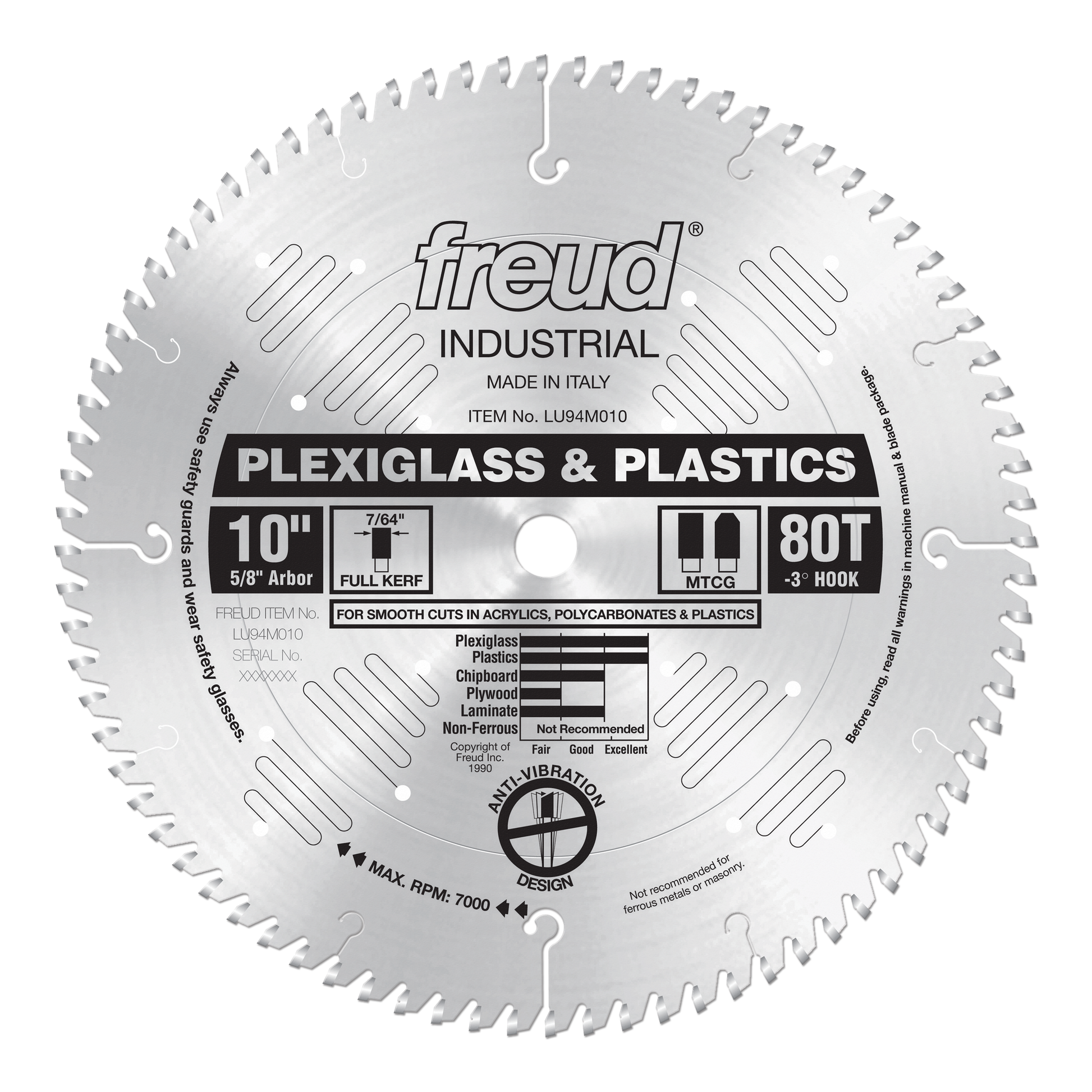 Freud 10" circular saw blade with 80 teeth for cutting plexiglass and plastics, 5/8" arbor.