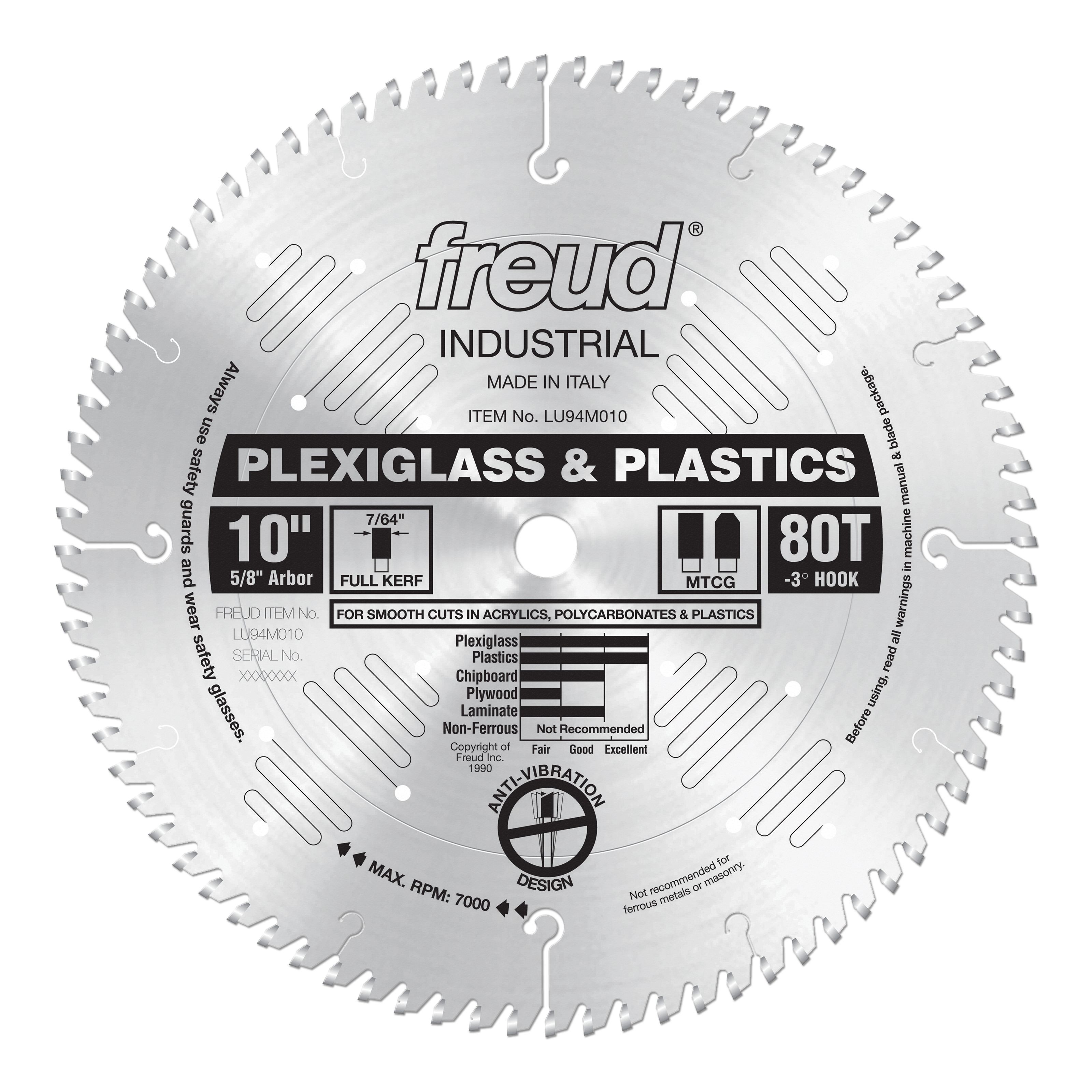 Freud 10" circular saw blade with 80 teeth for cutting plexiglass and plastics, 5/8" arbor.