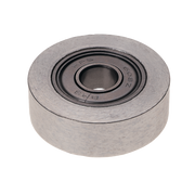 Cylindrical ball bearing with metal outer race and dark center bore marked with specifications.