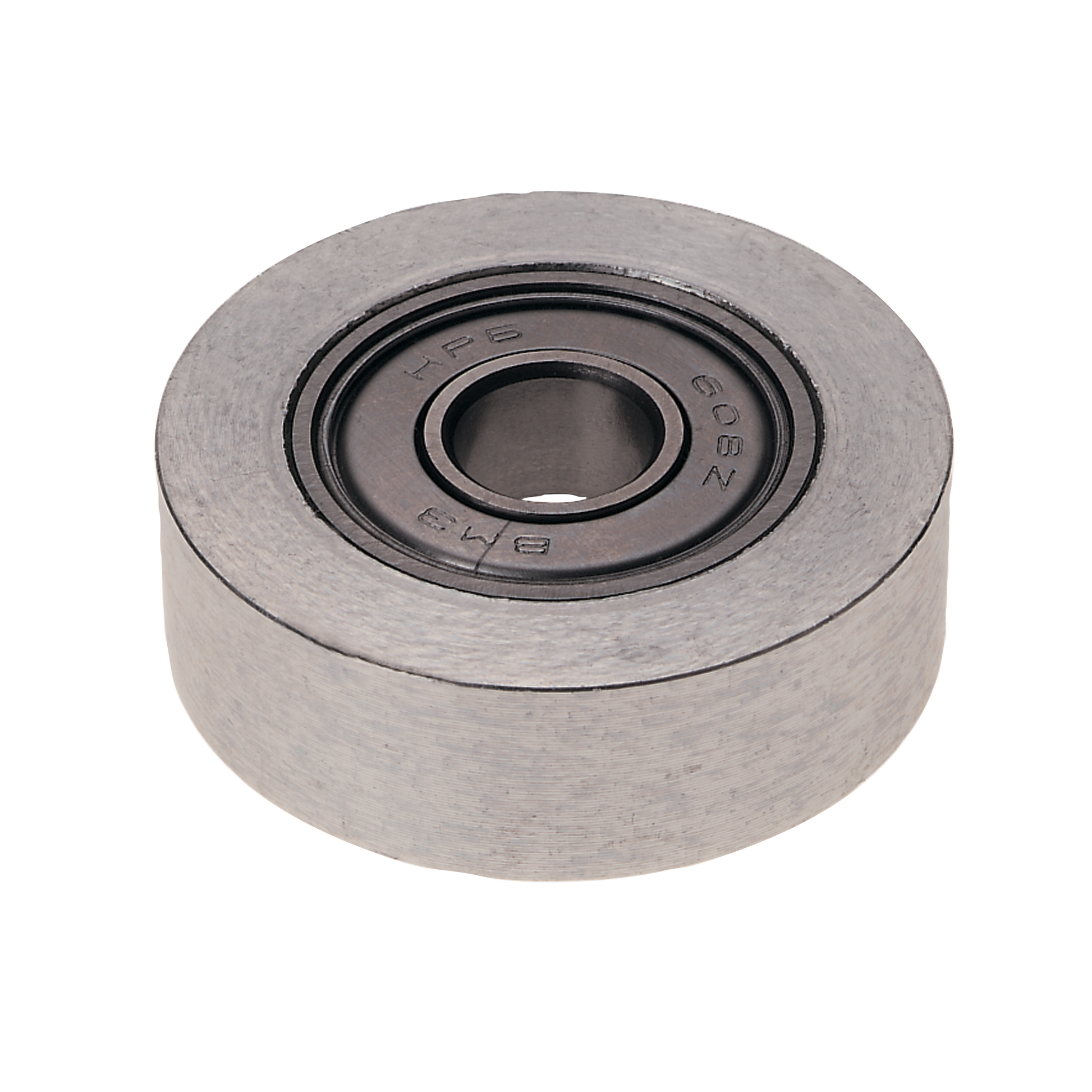 Cylindrical ball bearing with metal outer race and dark center bore marked with specifications.