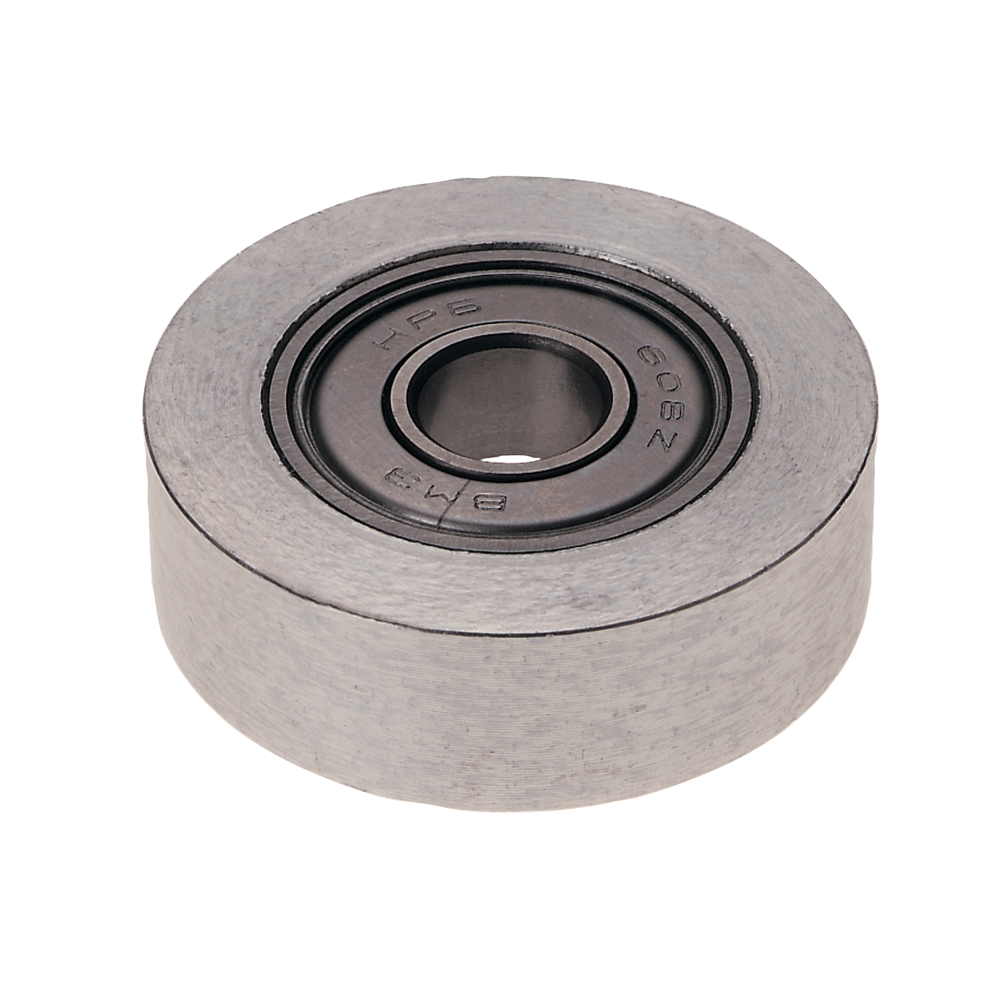 Cylindrical ball bearing with metal outer race and dark center bore marked with specifications.
