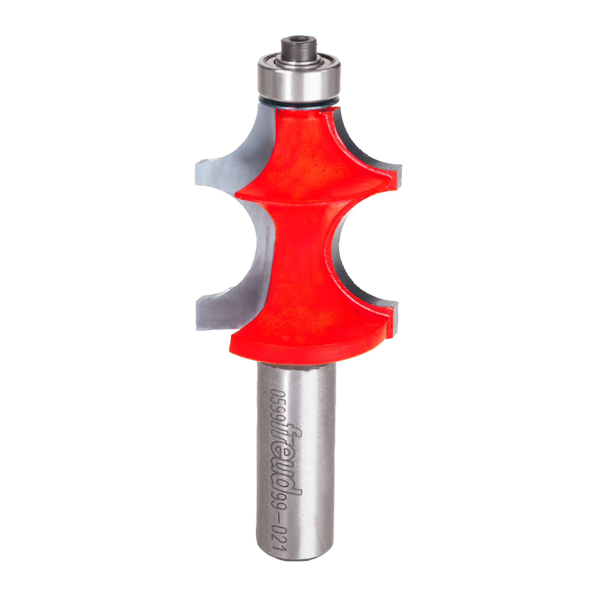 Freud corner beading bit with red cutting head and steel shaft, 1-1/4" diameter.