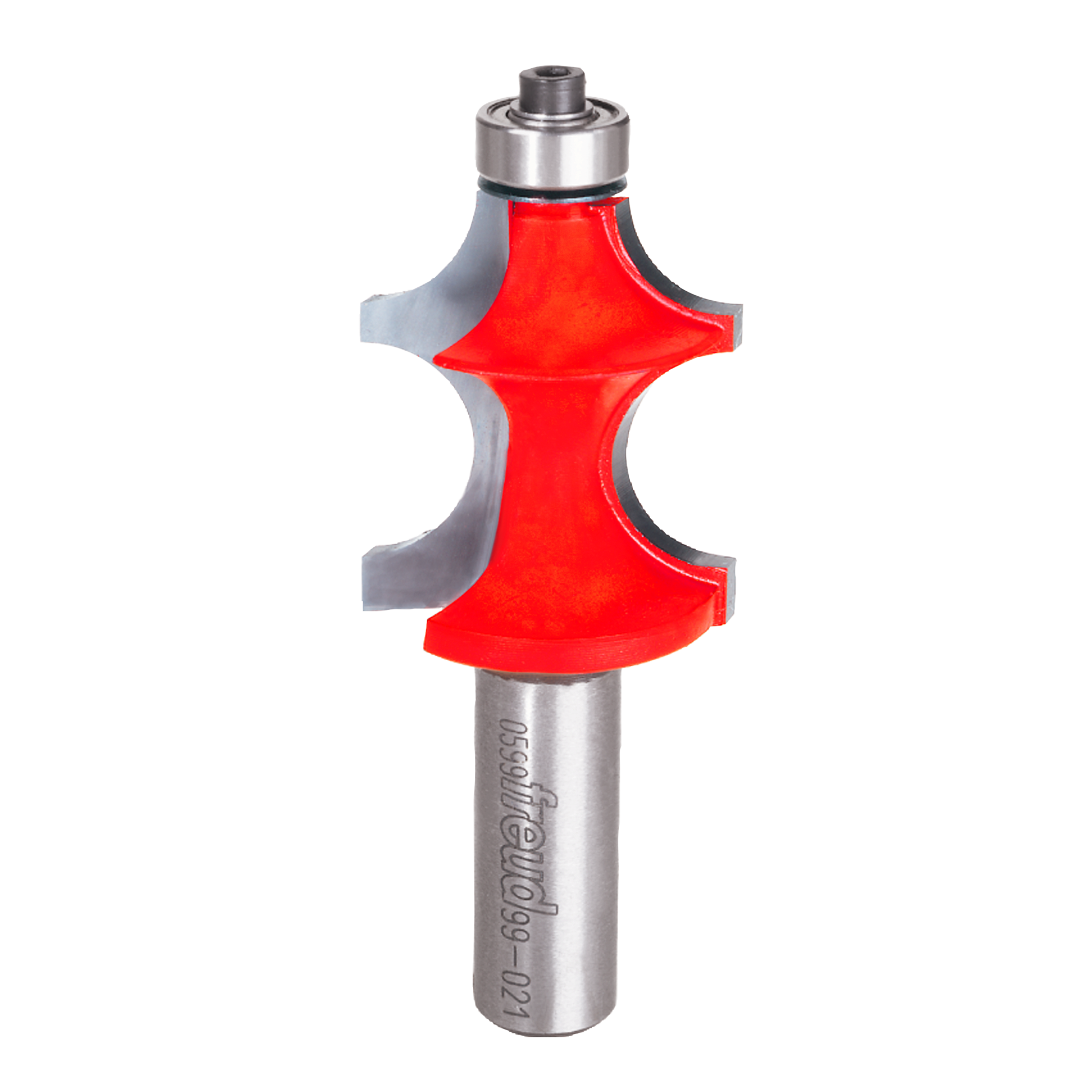 Freud corner beading bit with red cutting head and steel shaft, 1-1/4" diameter.