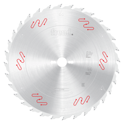 Circular saw blade with silver carbide-tipped teeth and red vibration dampening slots around the perimeter.