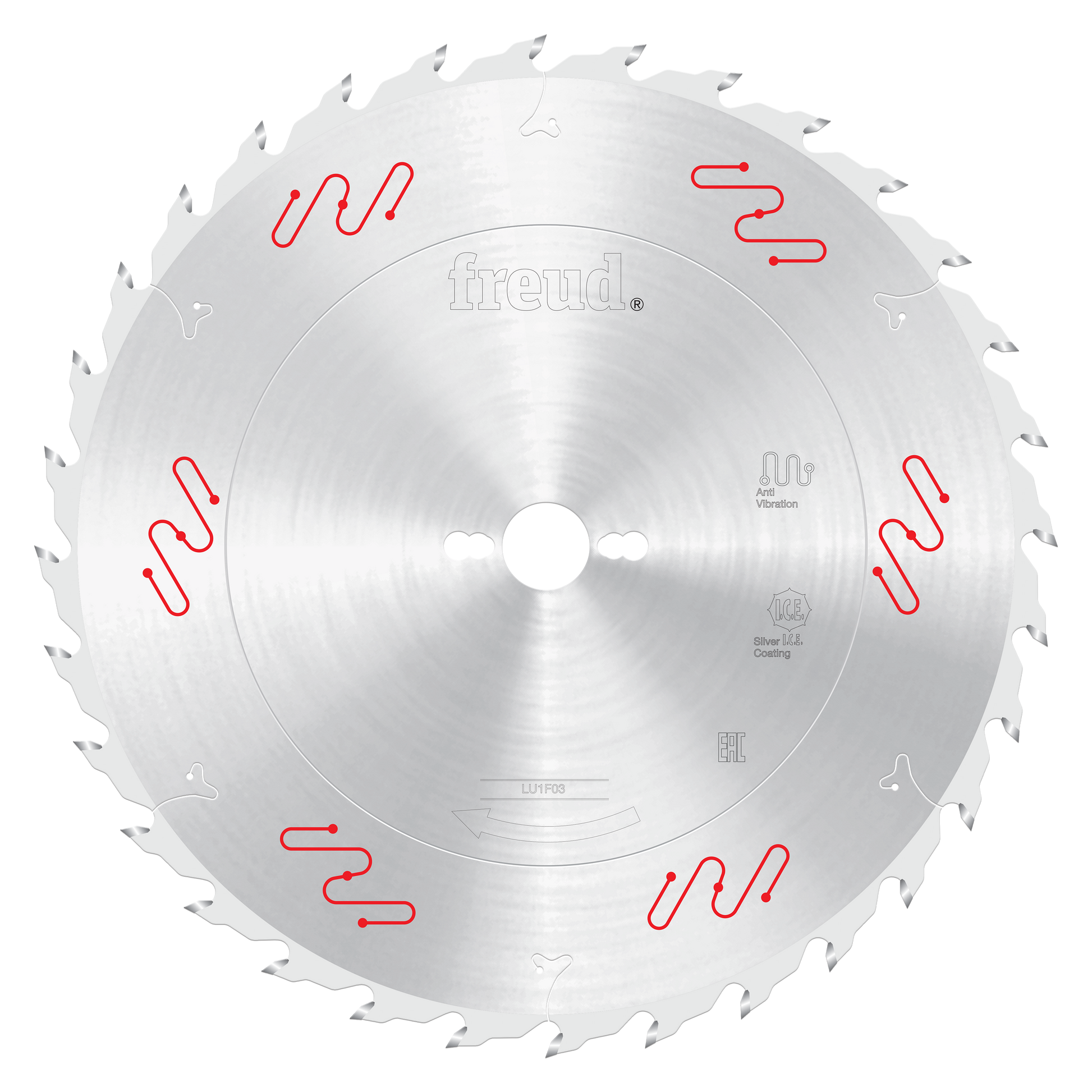 Circular saw blade with silver carbide-tipped teeth and red vibration dampening slots around the perimeter.