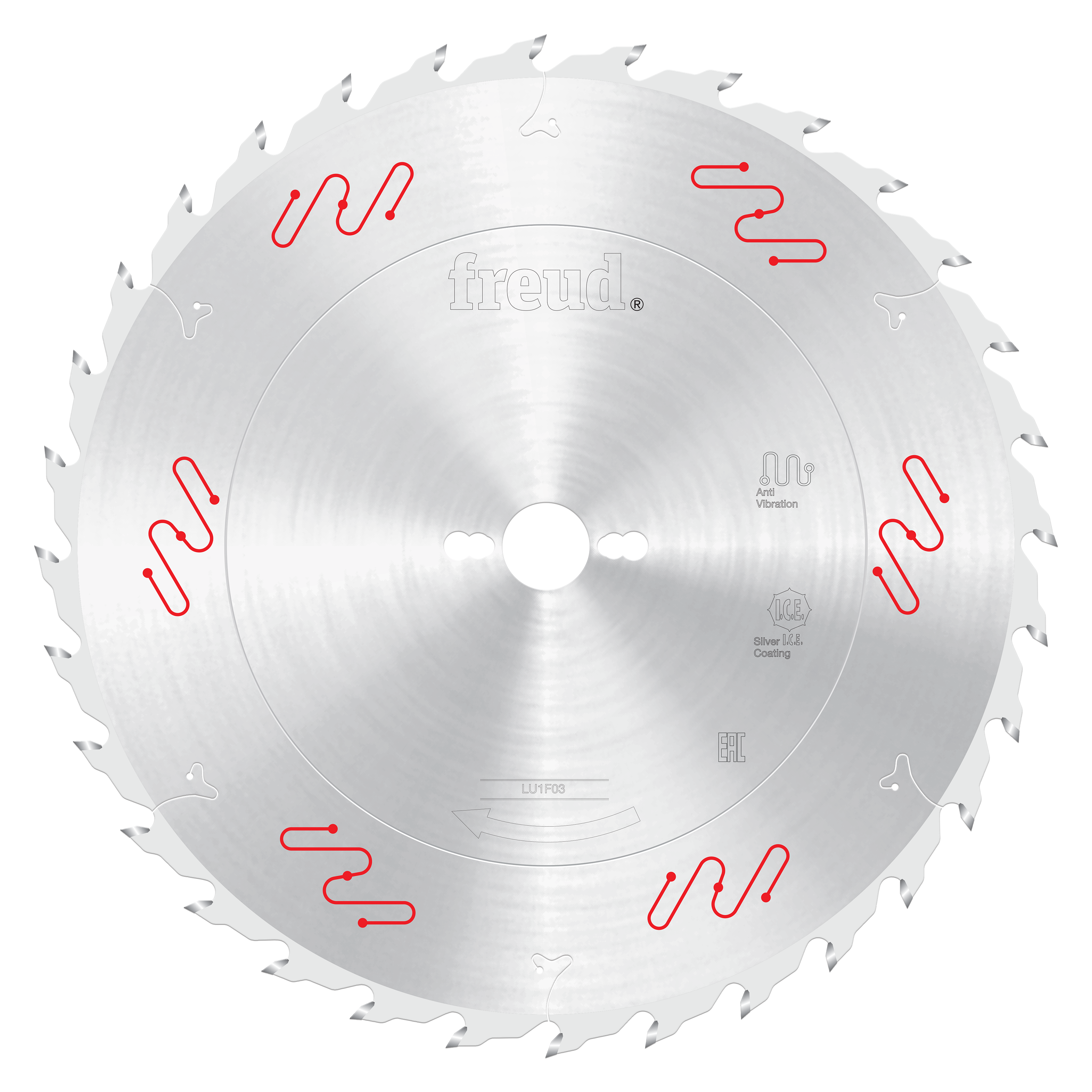 Circular saw blade with silver carbide-tipped teeth and red vibration dampening slots around the perimeter.