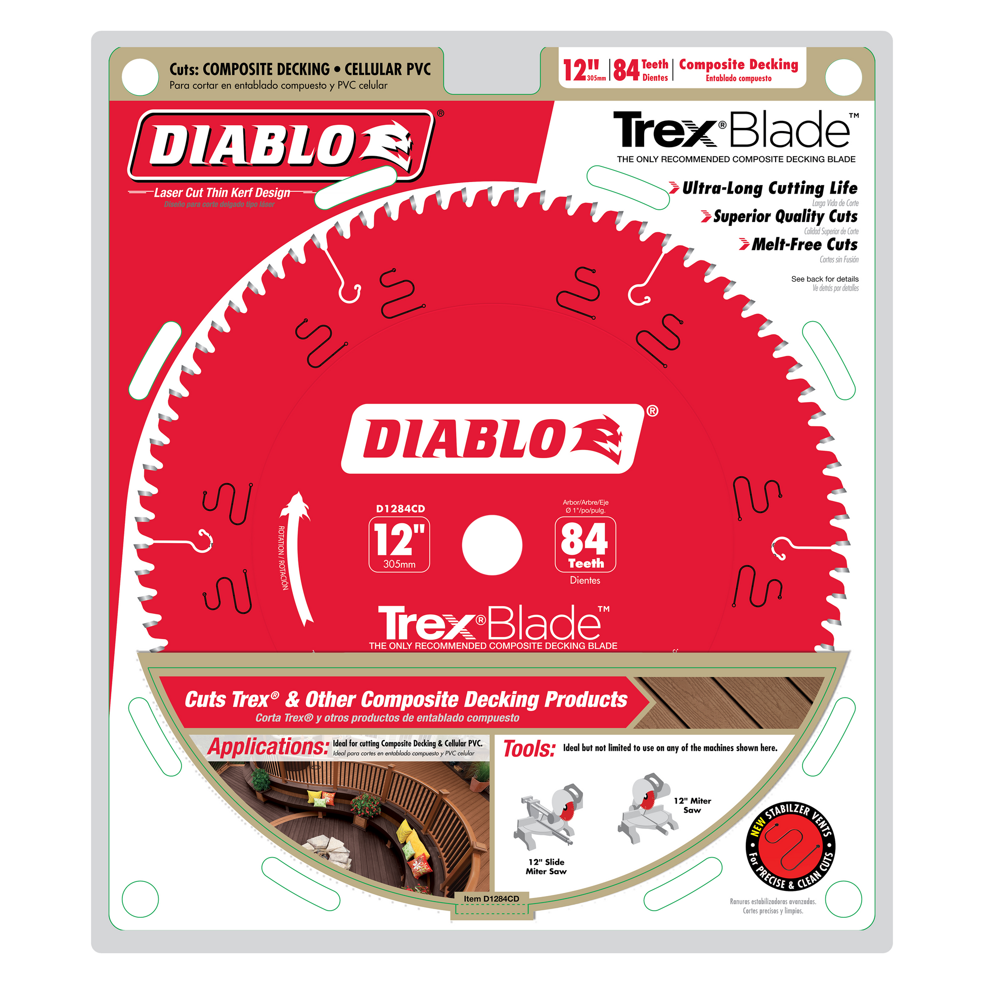 Diablo D1284CD 12-inch circular saw blade with 84 teeth for composite decking and cellular PVC.