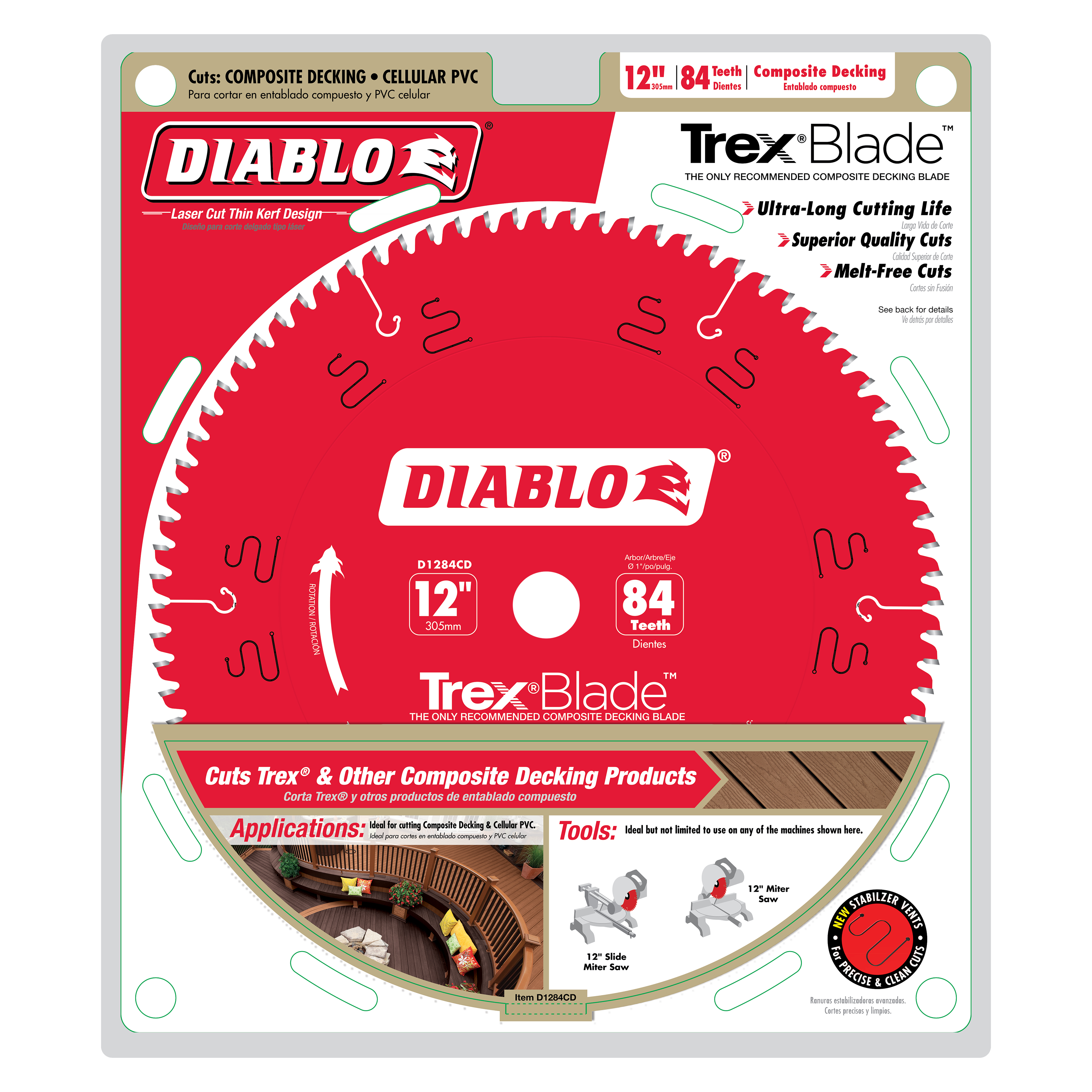 Diablo D1284CD 12-inch circular saw blade with 84 teeth for composite decking and cellular PVC.