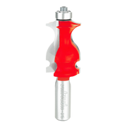 Red and silver Freud face molding bit with curved cutting edges and metal shank for router use.