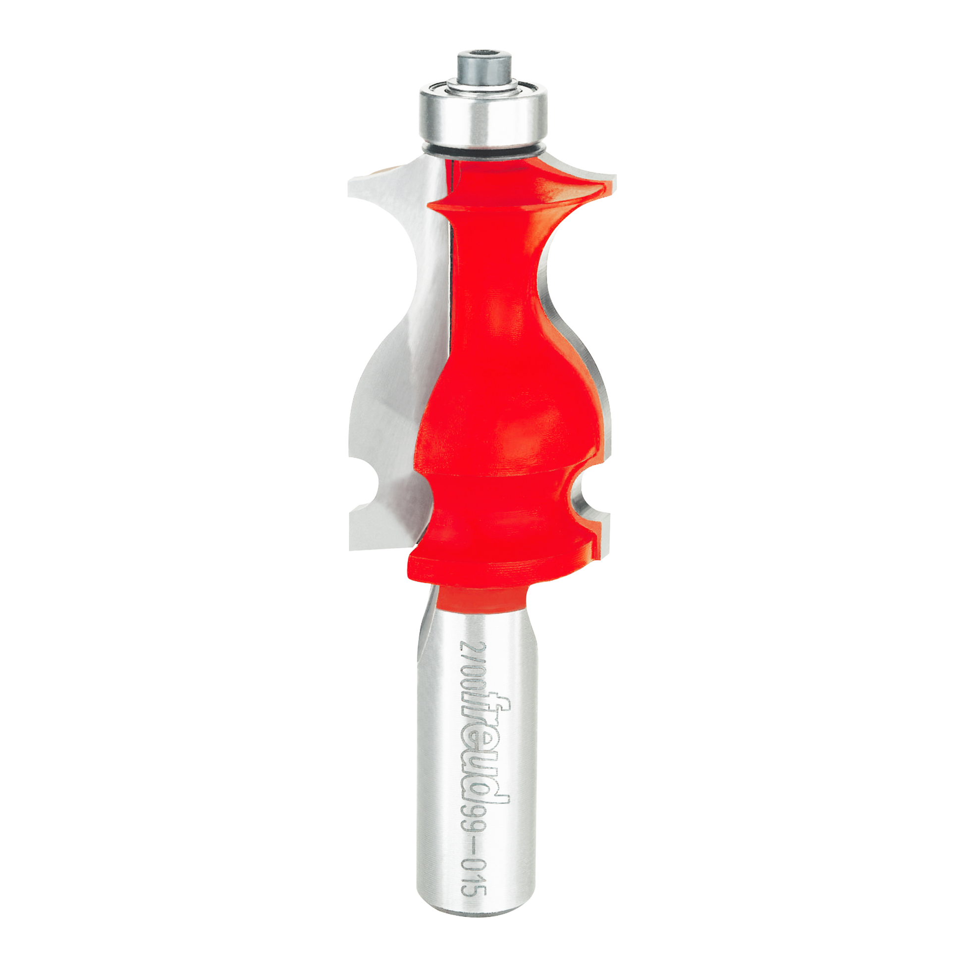 Red and silver Freud face molding bit with curved cutting edges and metal shank for router use.