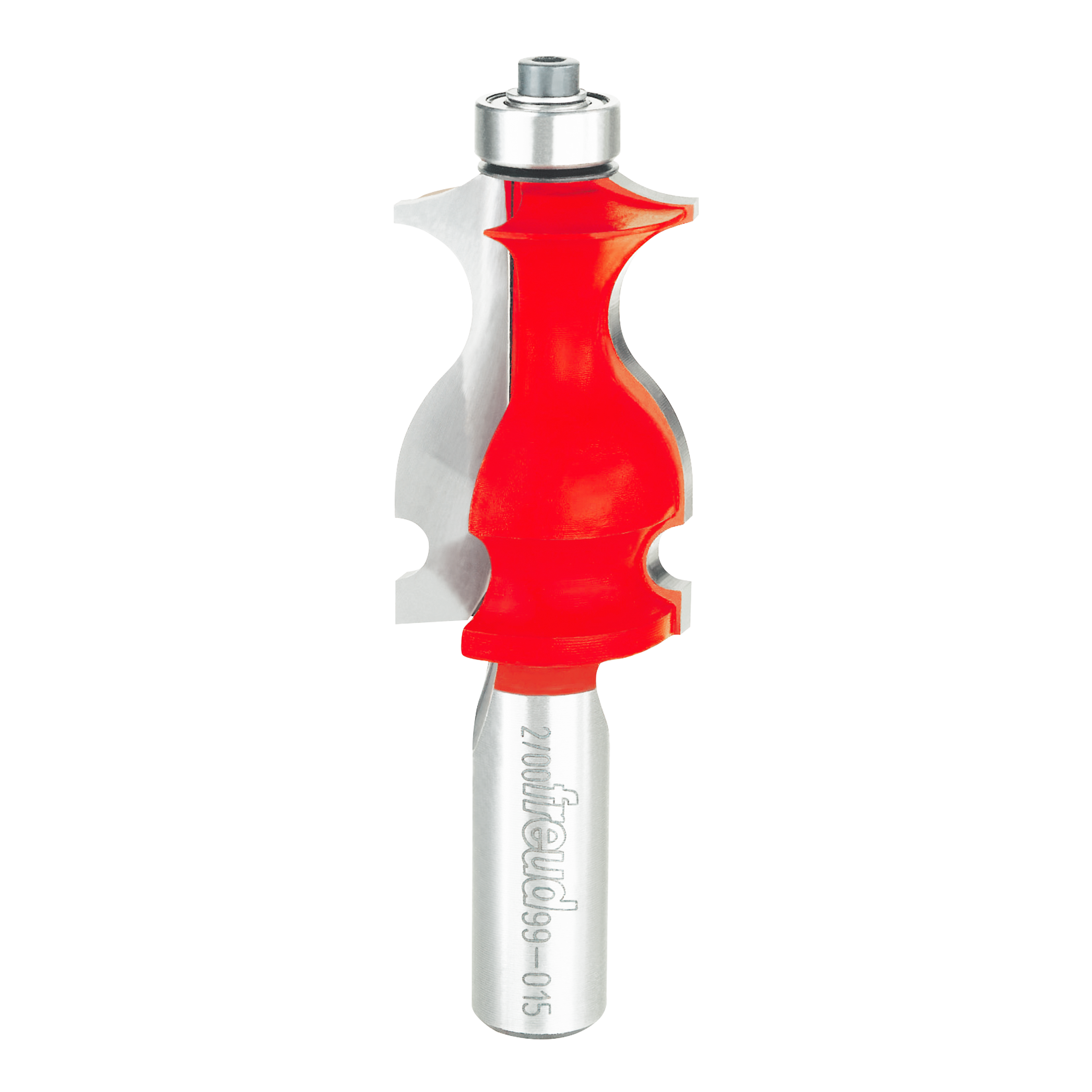 Red and silver Freud face molding bit with curved cutting edges and metal shank for router use.