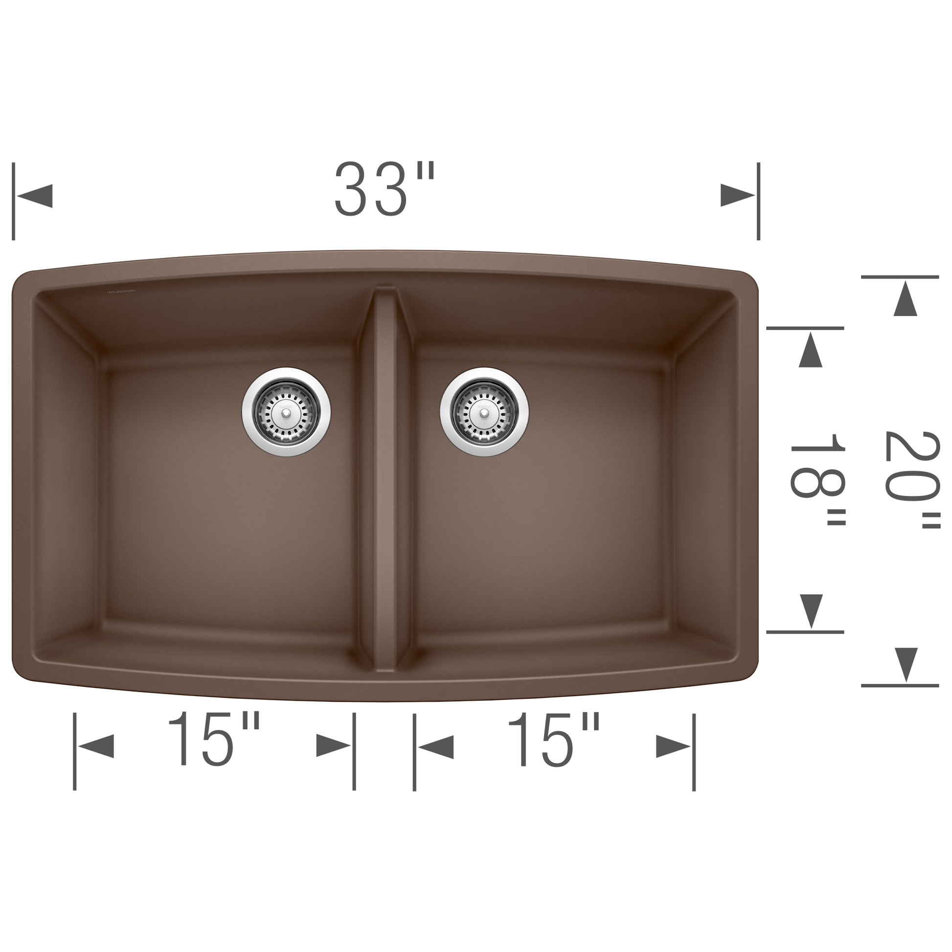 Cafe brown double bowl undermount sink with two circular drains and dimensions of 33" wide by 20" deep by 18" tall.