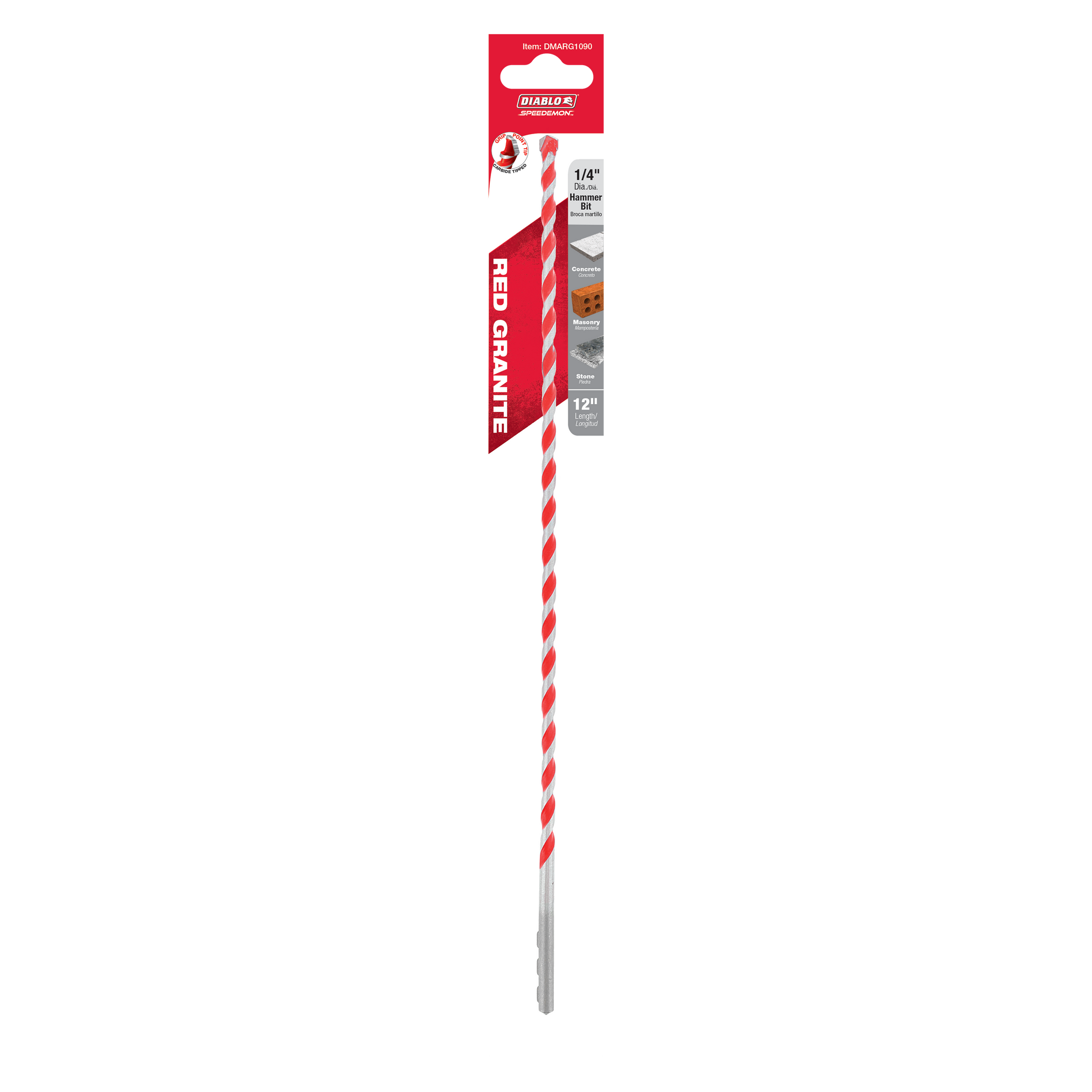 Red and white SPEEDemon hammer drill bit with carbide tip and 1/4 inch diameter on red packaging.