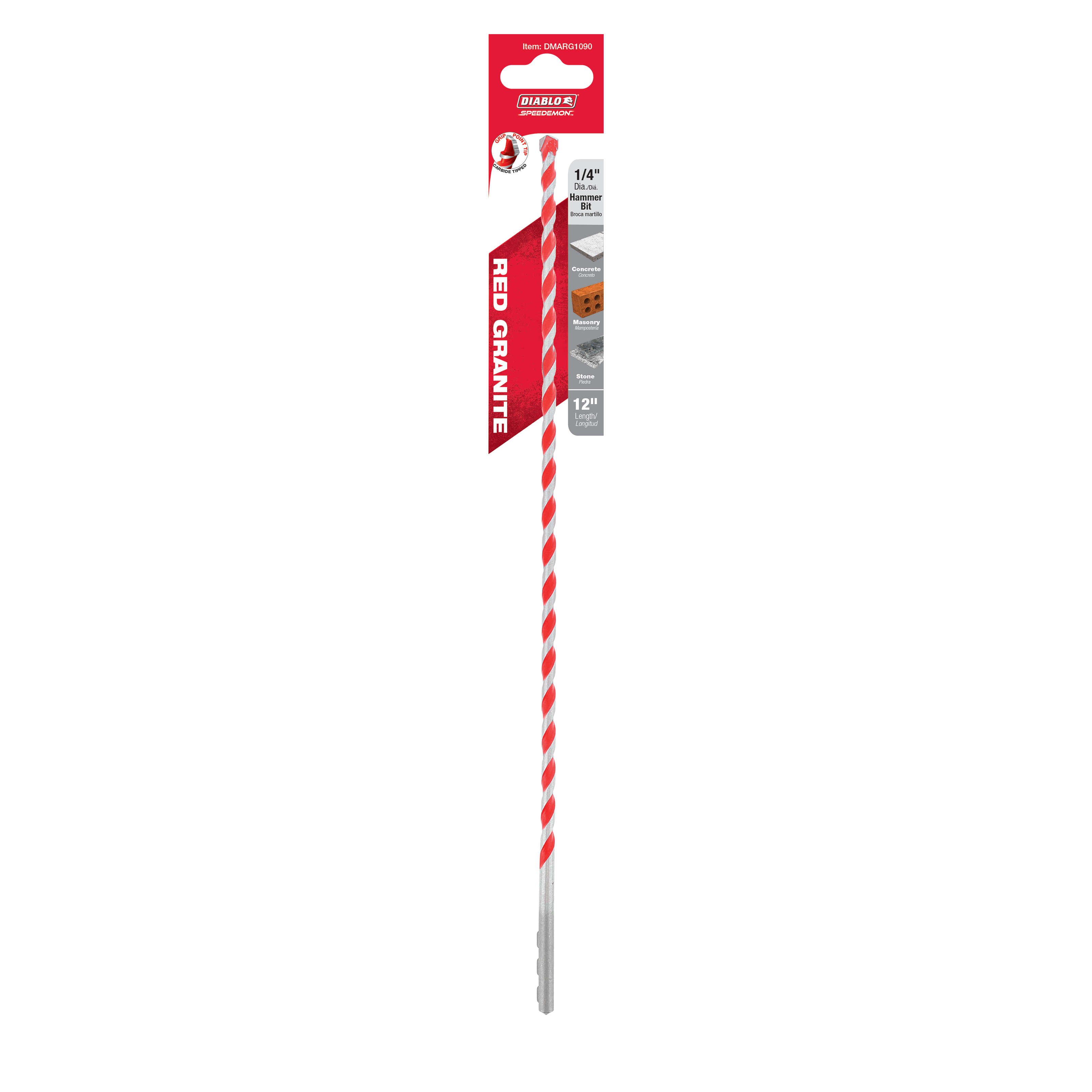 Red and white SPEEDemon hammer drill bit with carbide tip and 1/4 inch diameter on red packaging.