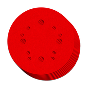 Seven red 5-inch hook and loop sanding discs with evenly spaced holes stacked together.