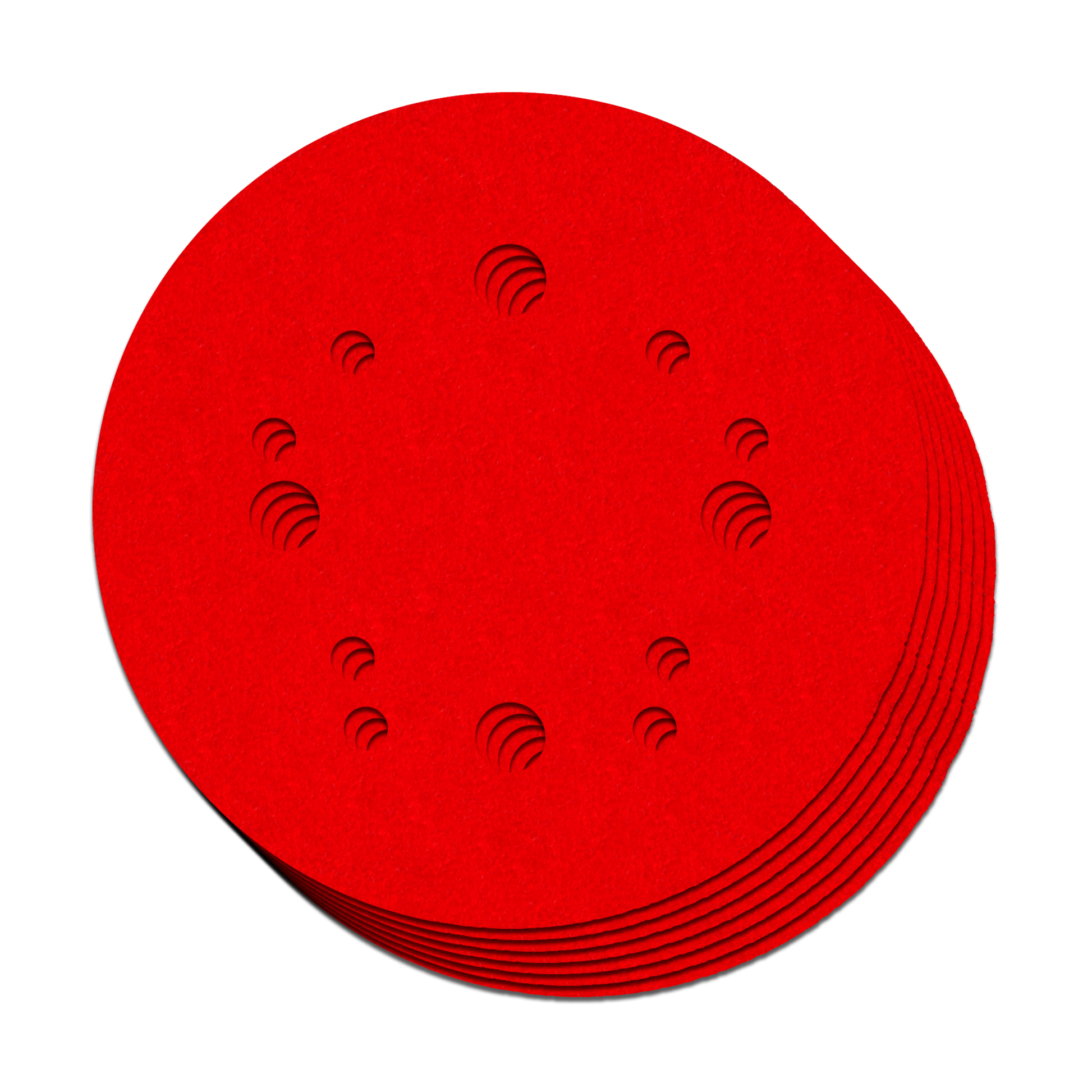 Seven red 5-inch hook and loop sanding discs with evenly spaced holes stacked together.