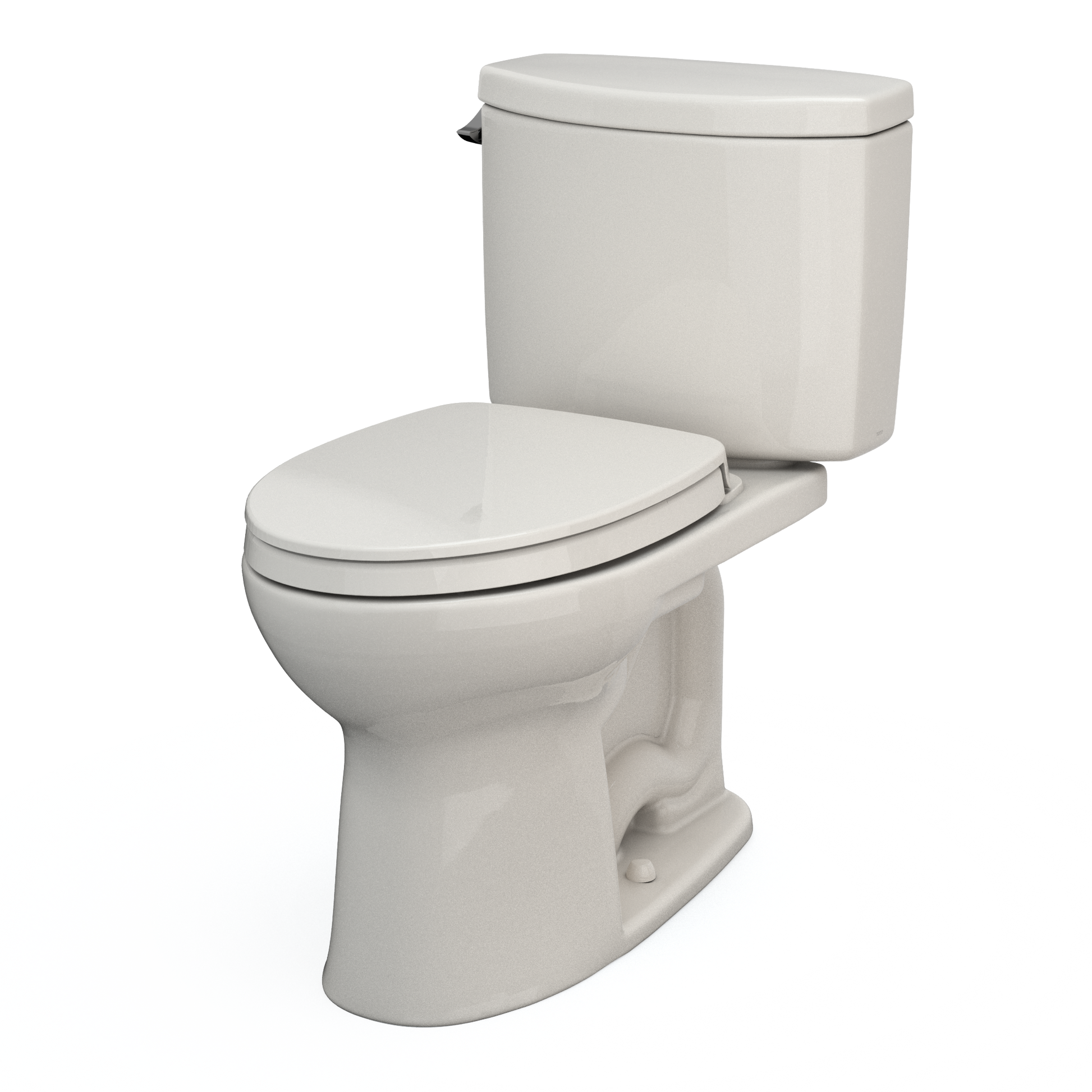 Beige two-piece elongated toilet with soft-close seat and matching tank shown at an angle.