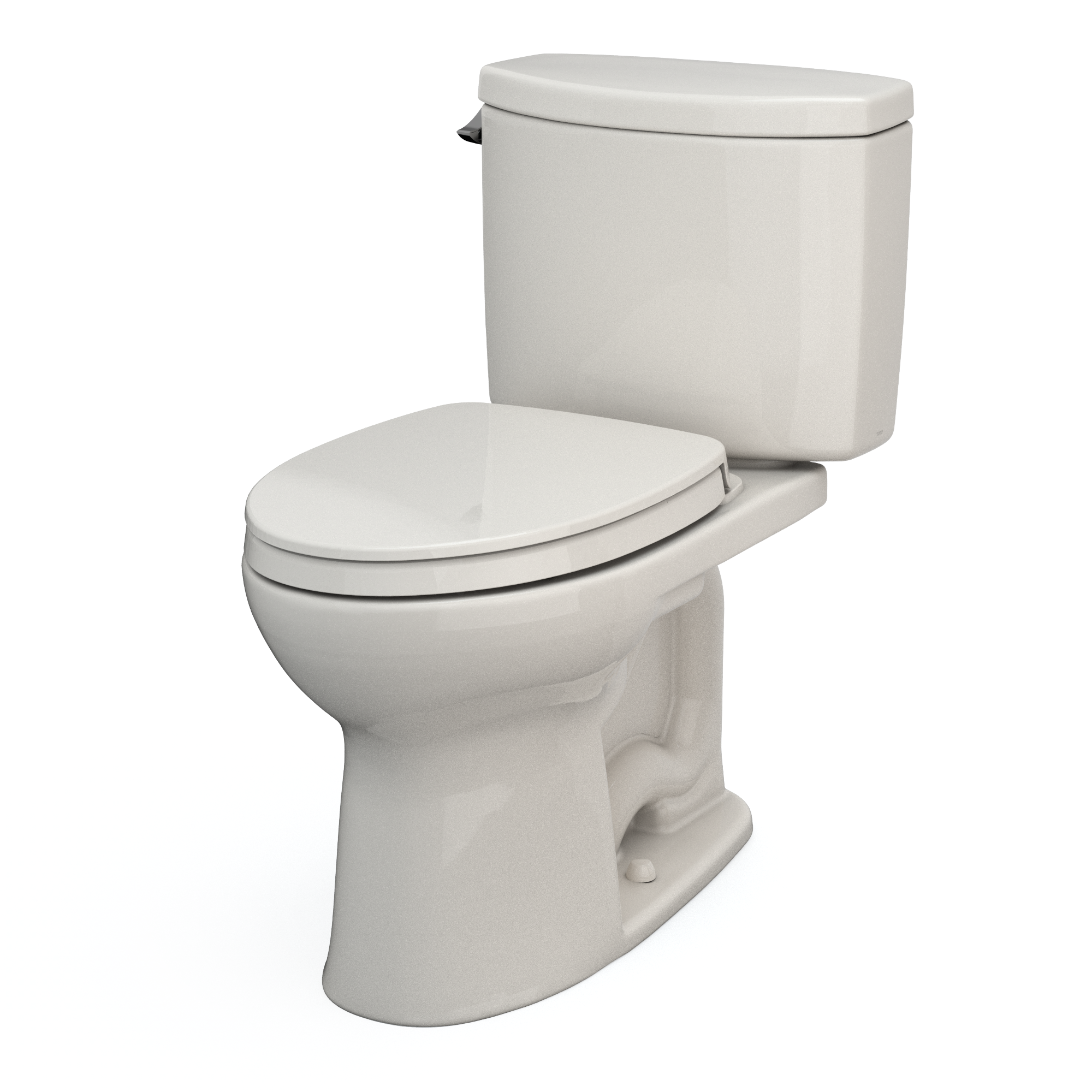 Beige two-piece elongated toilet with soft-close seat and matching tank shown at an angle.
