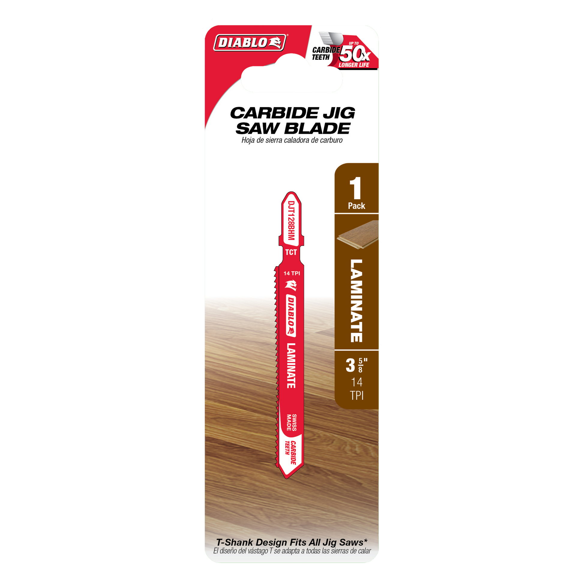 Diablo carbide jig saw blade with T-shank design, 14 TPI, displayed on red packaging against laminate wood background.