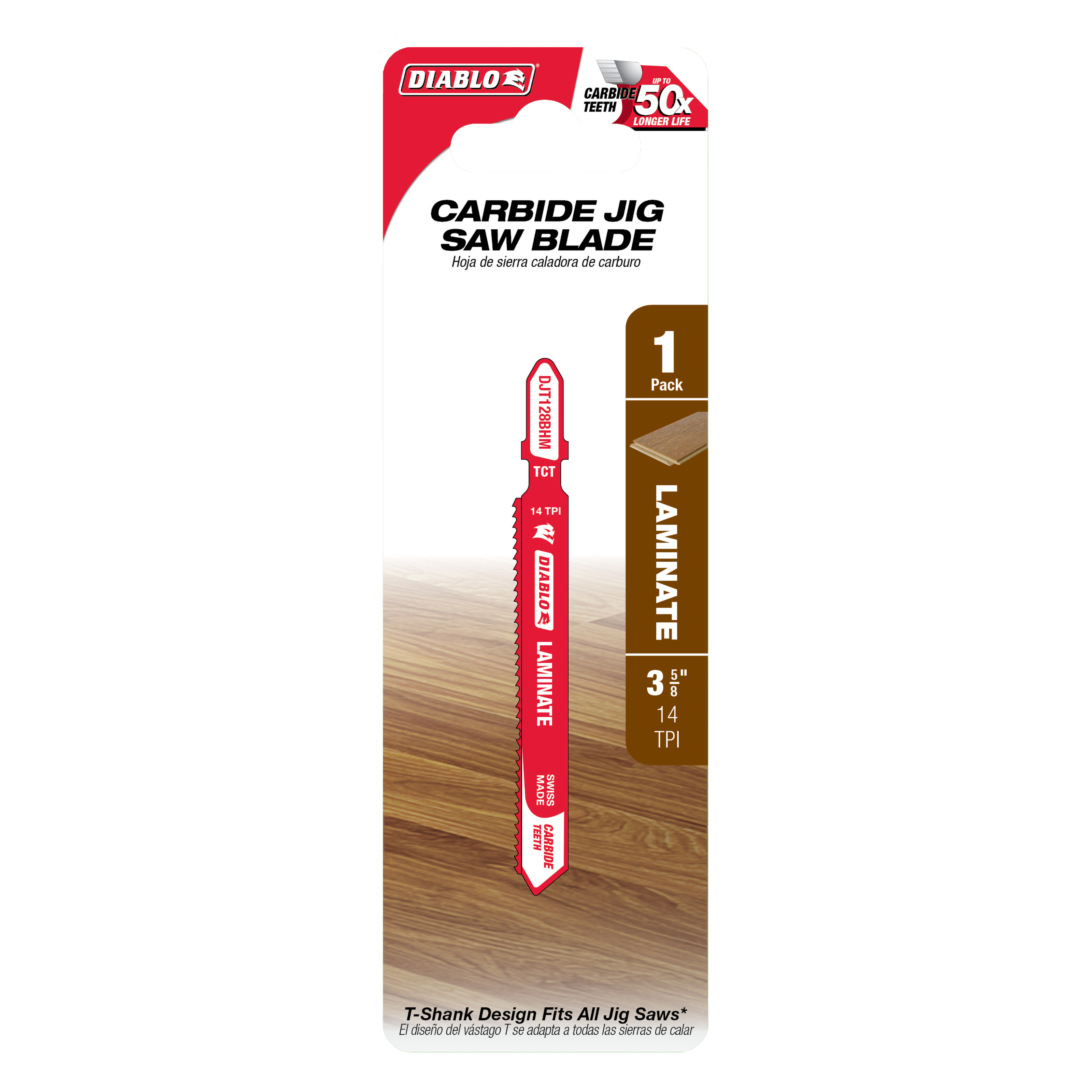 Diablo carbide jig saw blade with T-shank design, 14 TPI, displayed on red packaging against laminate wood background.