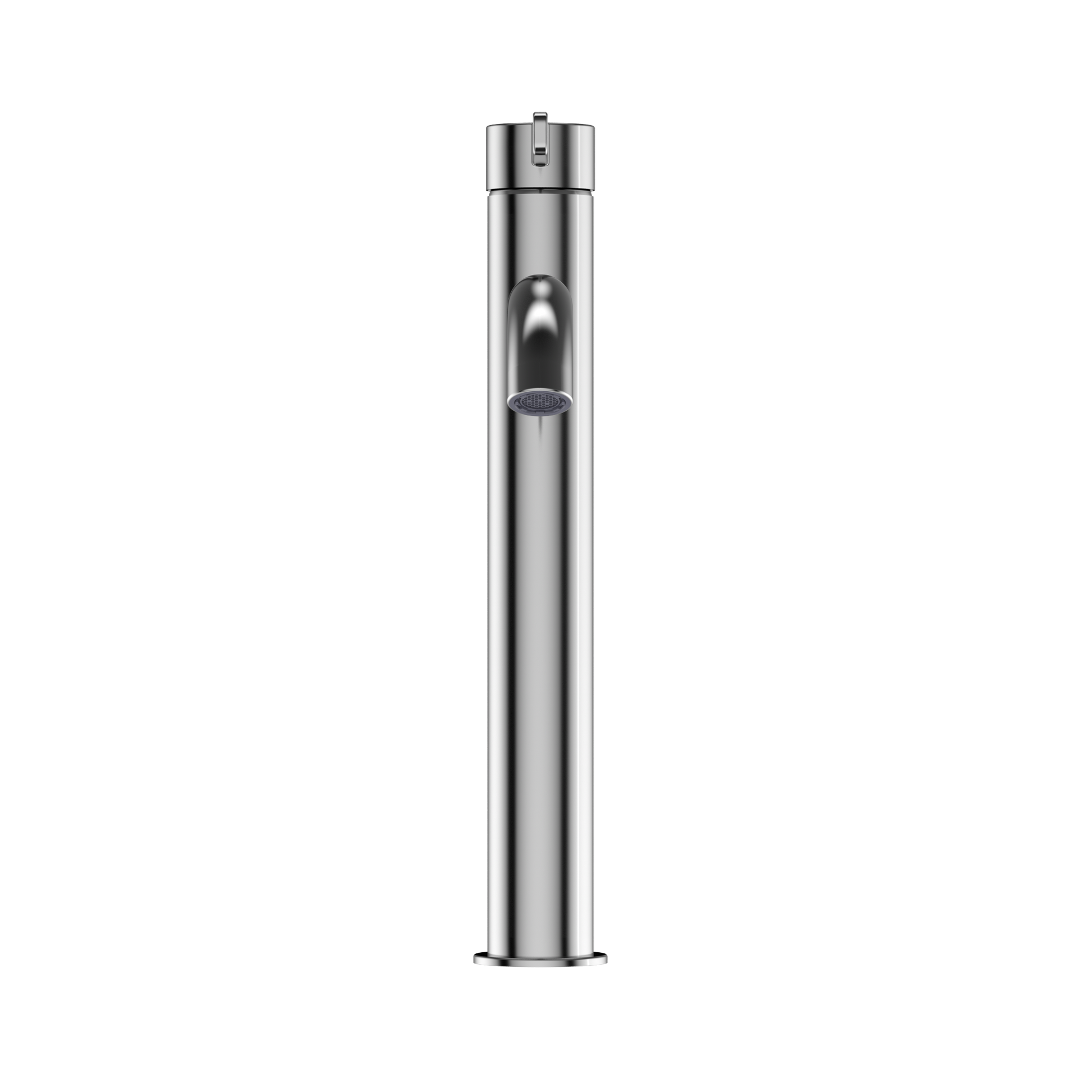 Polished chrome single-handle vessel bathroom sink faucet with tall cylindrical spout and control lever.