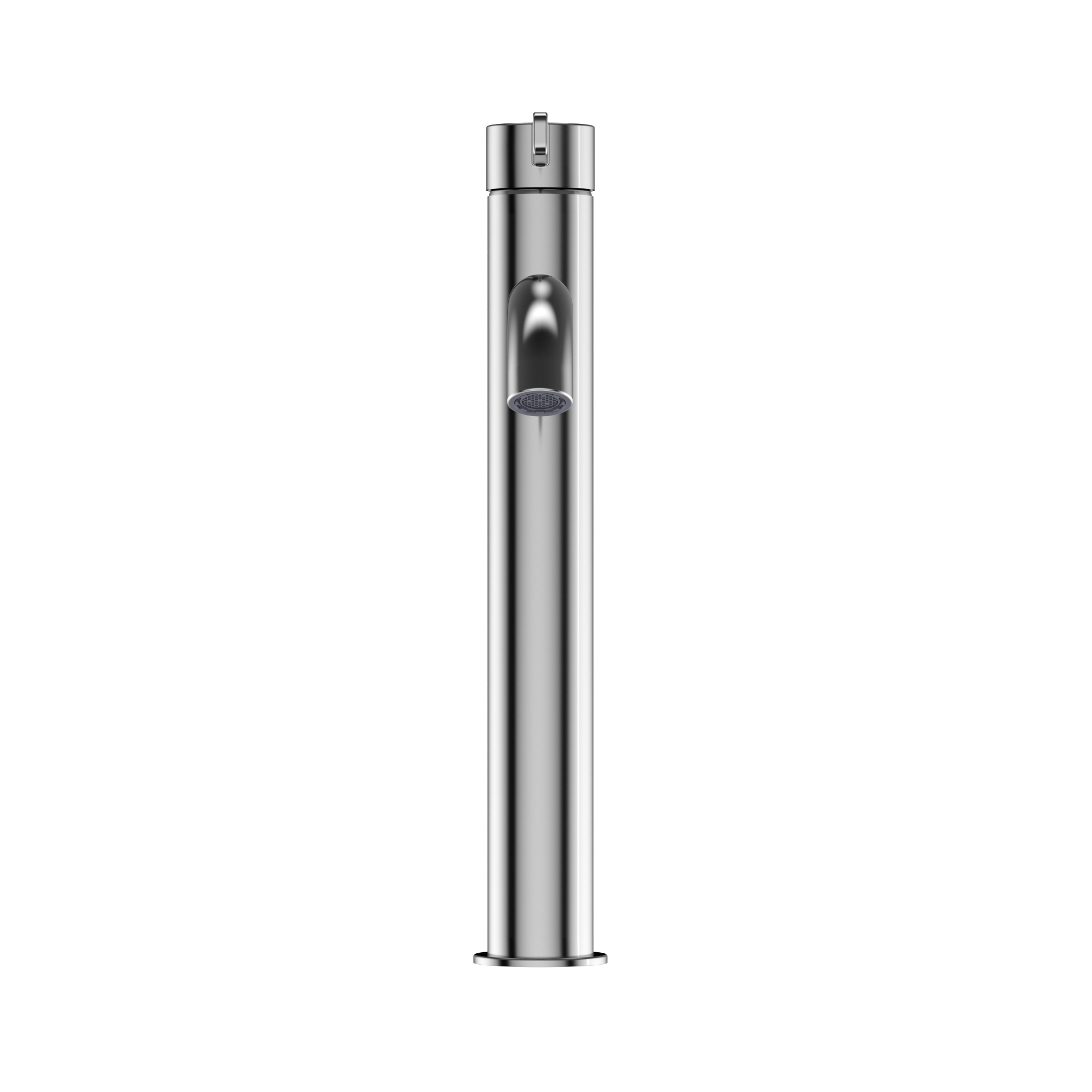 Polished chrome single-handle vessel bathroom sink faucet with tall cylindrical spout and control lever.