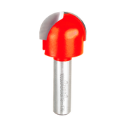 Red round nose router bit with silver metal shank and rounded cutting head on white background.