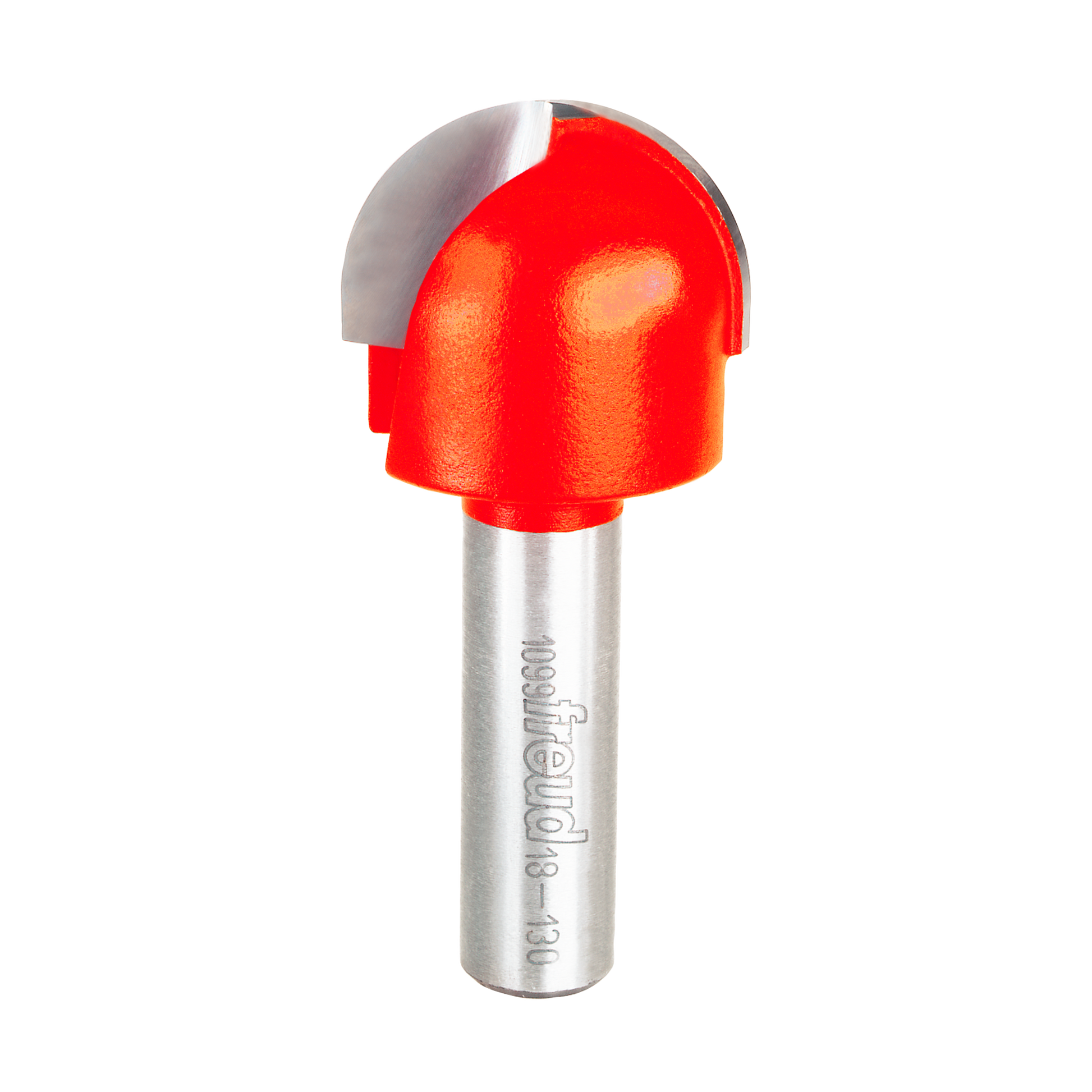 Red round nose router bit with silver metal shank and rounded cutting head on white background.