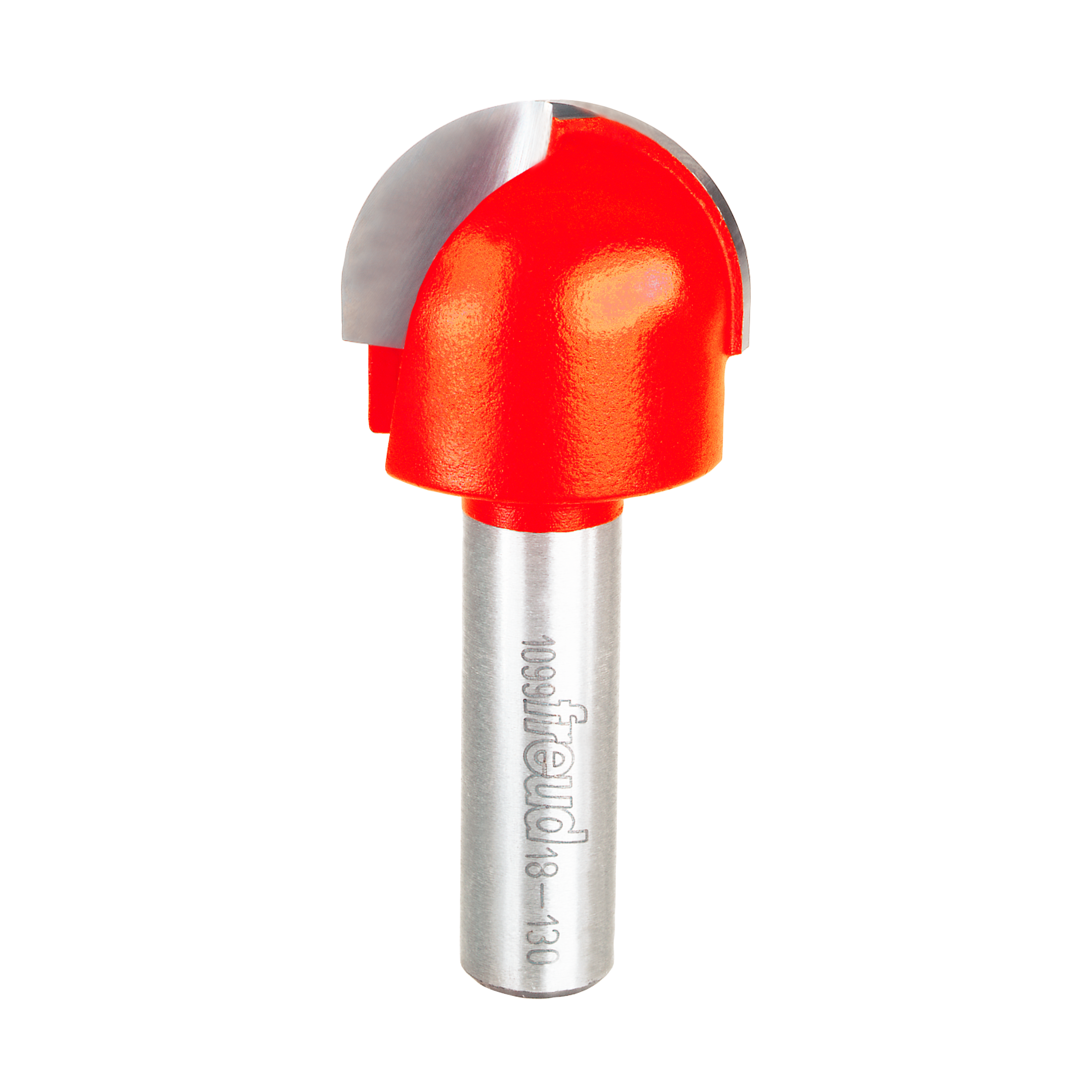 Red round nose router bit with silver metal shank and rounded cutting head on white background.