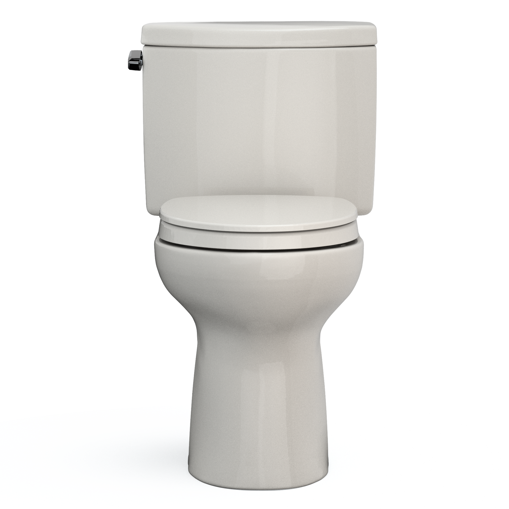 Sedona beige two-piece elongated toilet with soft-close seat and tank with side water control lever.