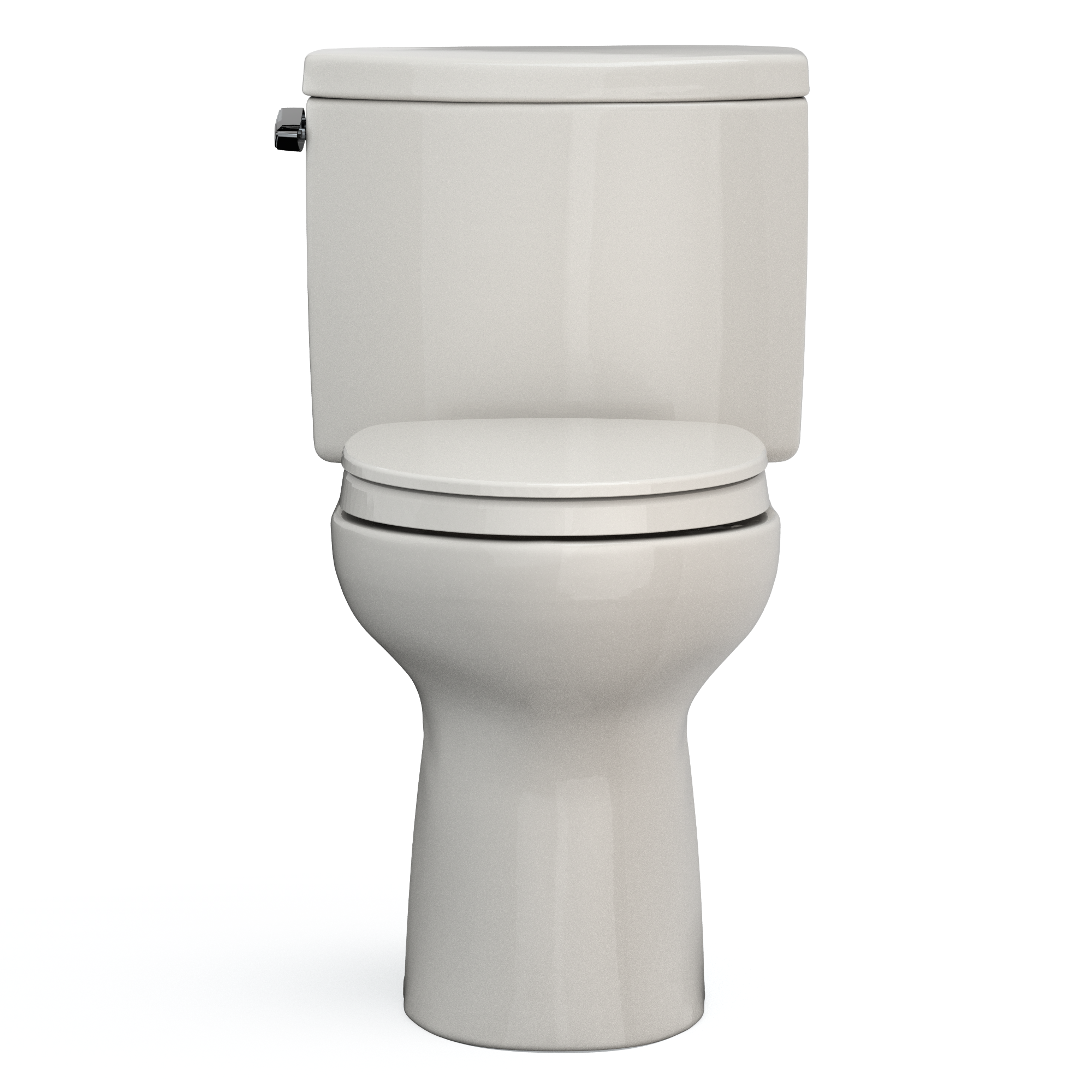 Sedona beige two-piece elongated toilet with soft-close seat and tank with side water control lever.