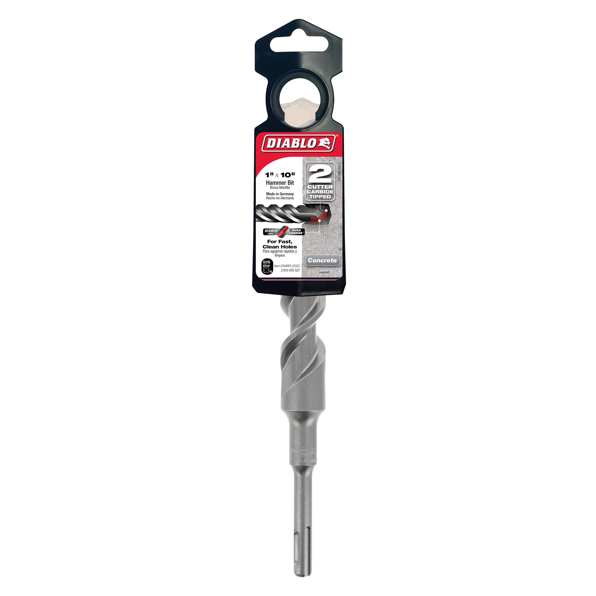 Diablo SDS-Plus 2-cutter hammer bit with spiral flutes and black packaging, displayed vertically.