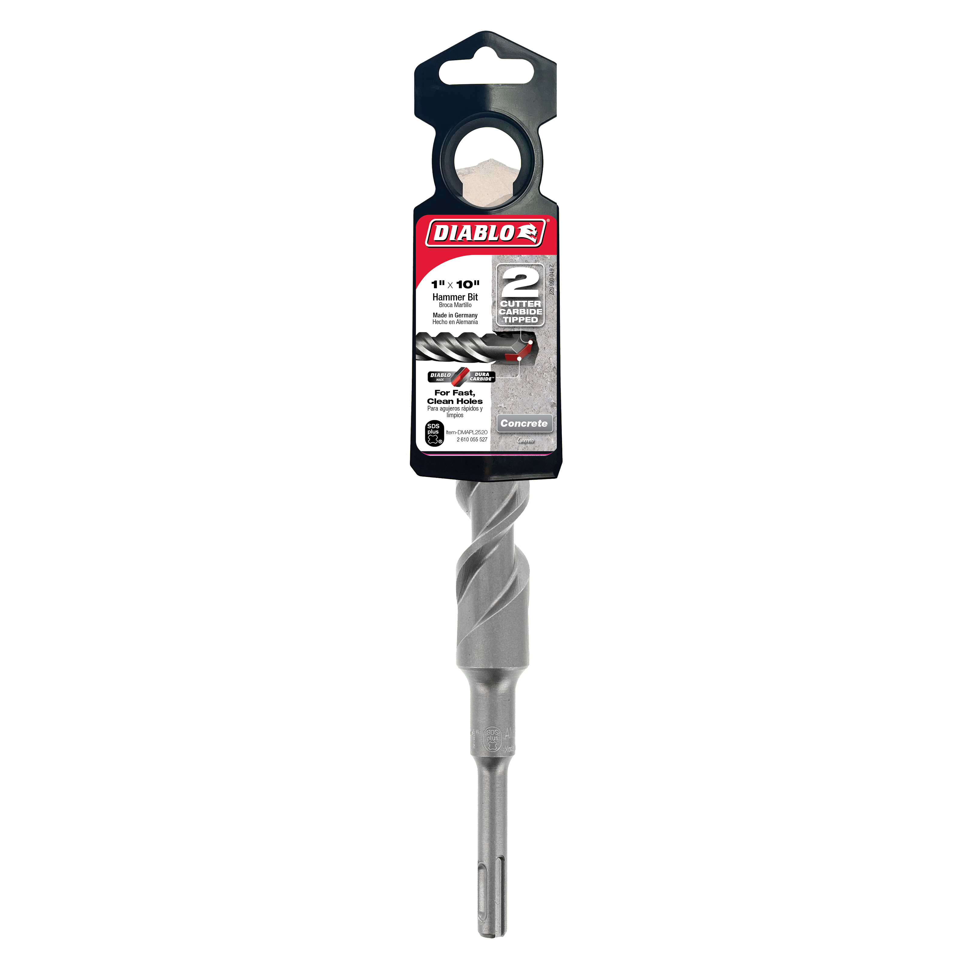 Diablo SDS-Plus 2-cutter hammer bit with spiral flutes and black packaging, displayed vertically.