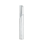 Silver metal straight router bit with single flute cutting edge and cylindrical shank.