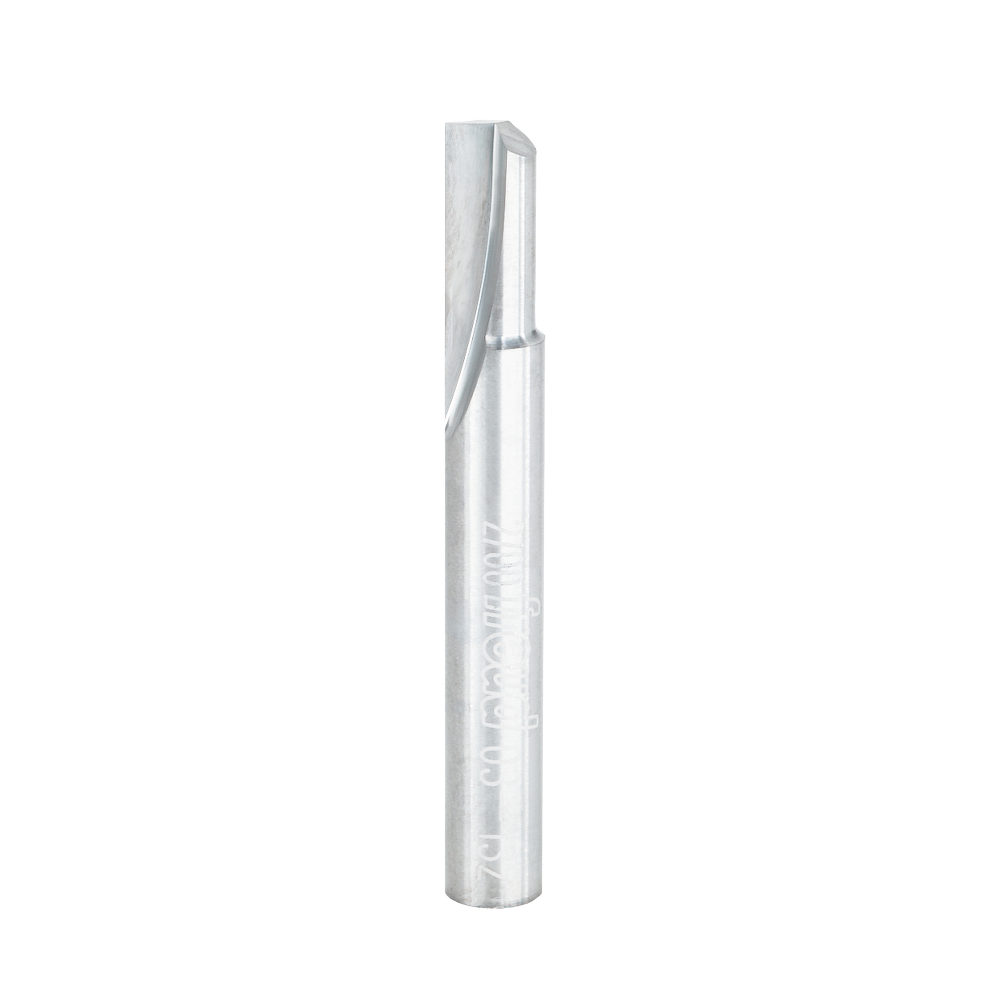Silver metal straight router bit with single flute cutting edge and cylindrical shank.