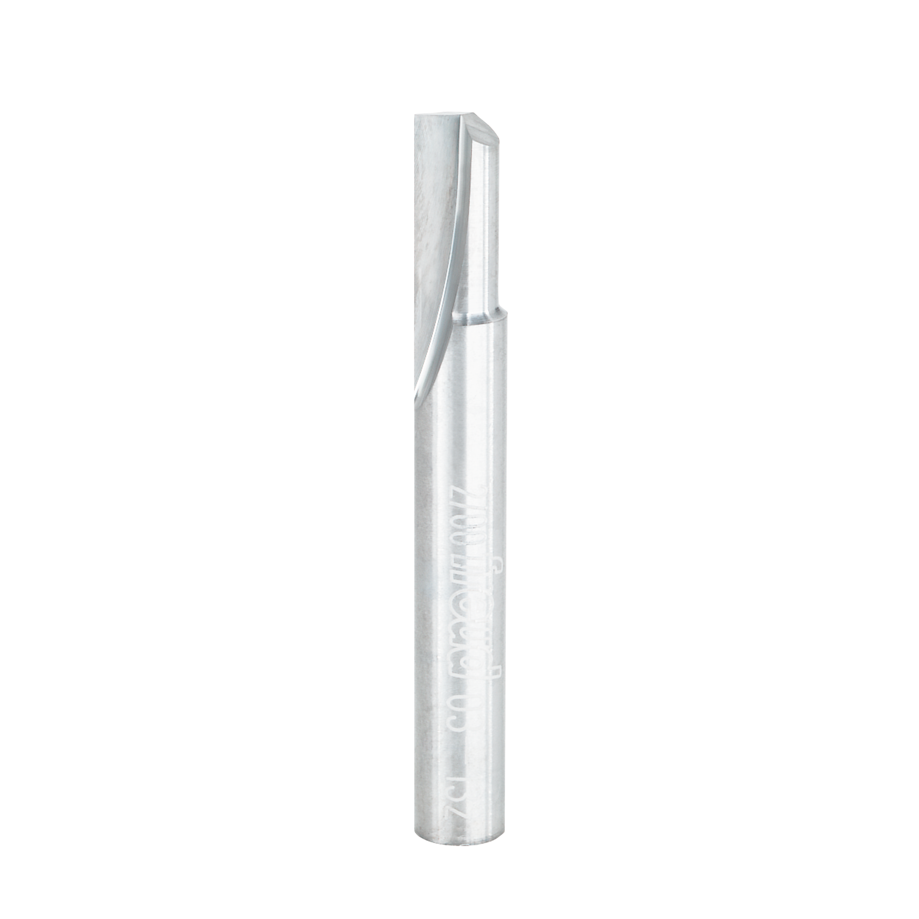 Silver metal straight router bit with single flute cutting edge and cylindrical shank.