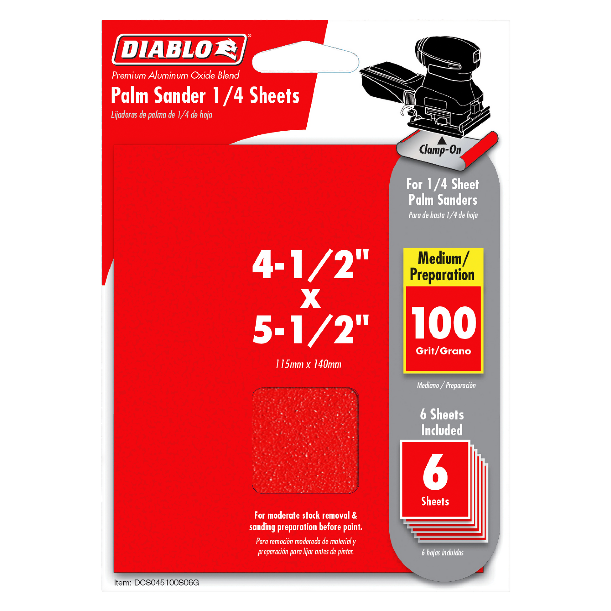 Red packaging for Diablo 100-grit palm sander sheets, 4-1/2" x 5-1/2", pack of 6 with clamp-on attachment shown.