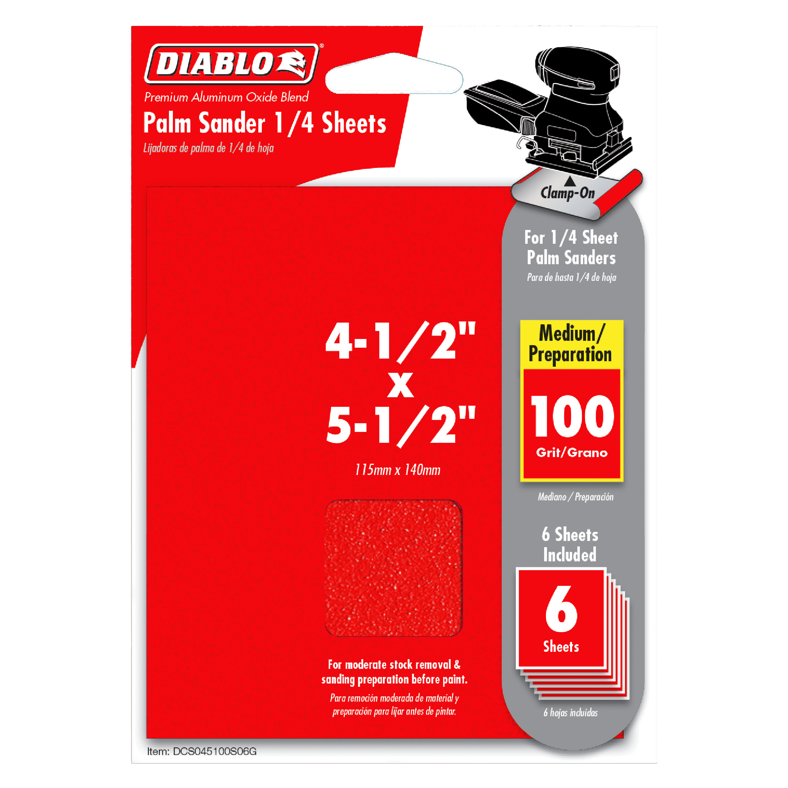 Red packaging for Diablo 100-grit palm sander sheets, 4-1/2" x 5-1/2", pack of 6 with clamp-on attachment shown.