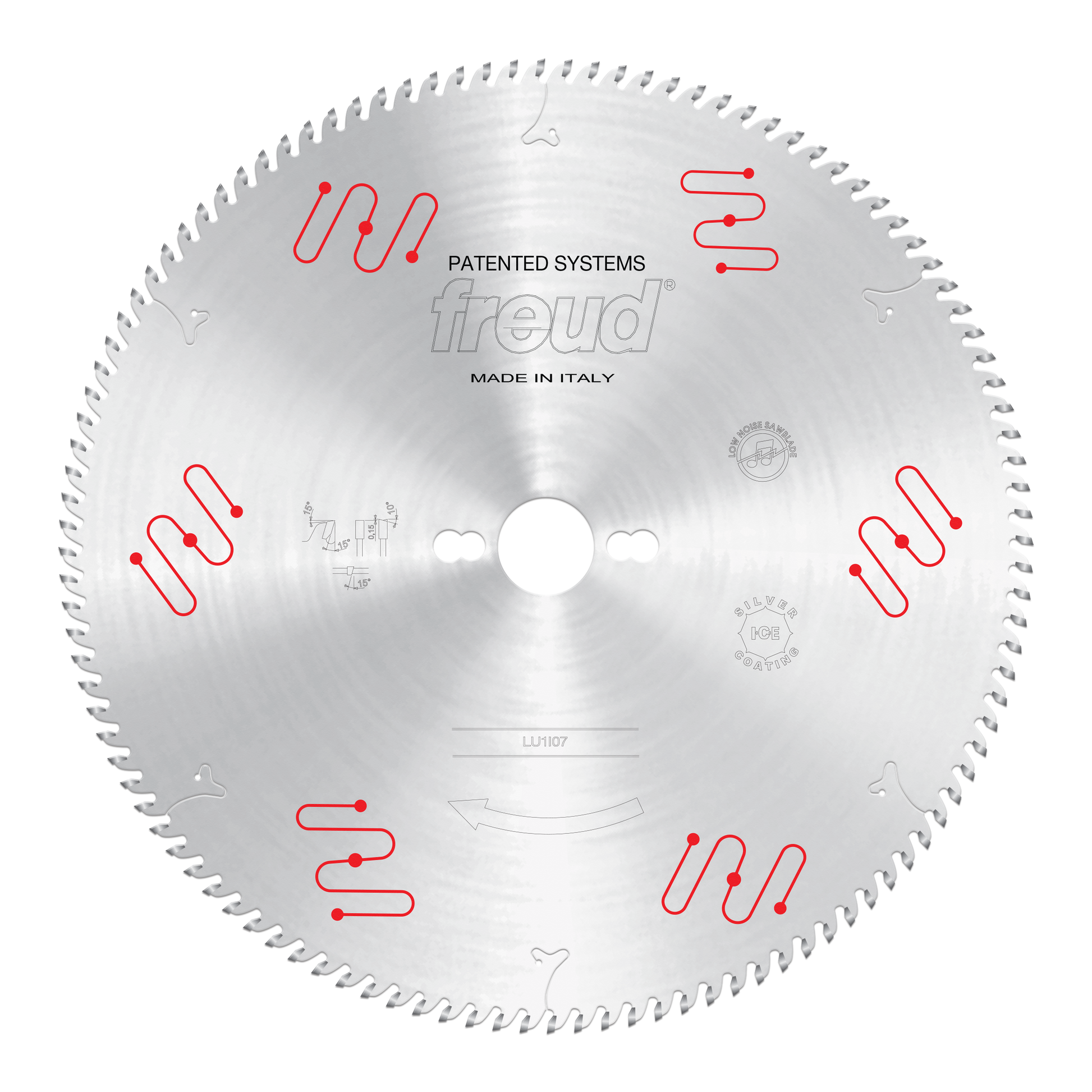 Circular saw blade with carbide-tipped teeth, central arbor hole, and red Freud branding markings on silver steel surface.