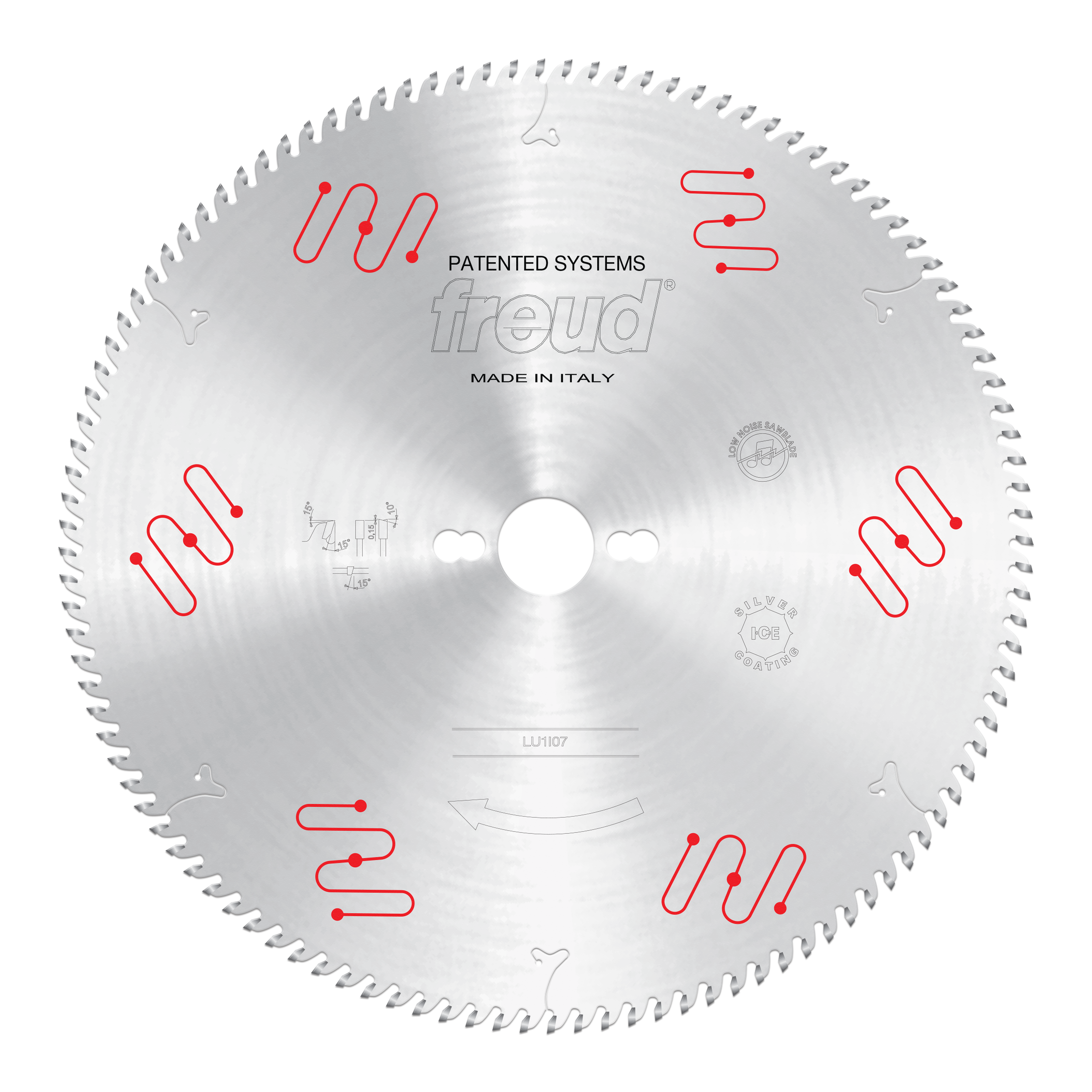 Circular saw blade with carbide-tipped teeth, central arbor hole, and red Freud branding markings on silver steel surface.