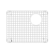 Stainless steel sink grid with rectangular shape, fine mesh pattern, rounded corners, circular drain hole, and mounting brack