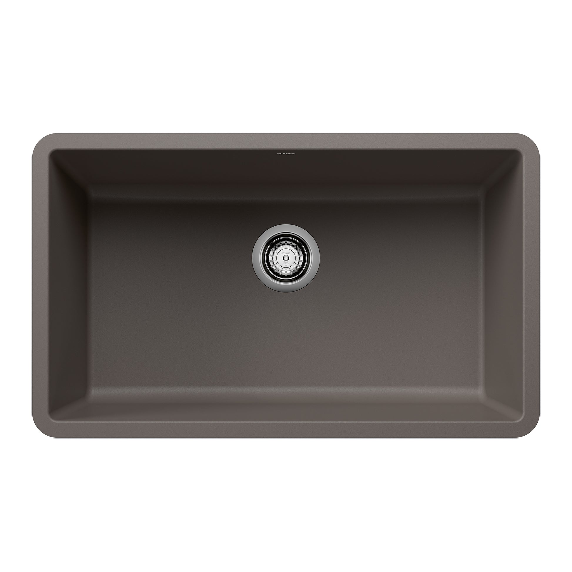 Volcano gray single bowl undermount sink with rounded corners and chrome drain fitting.
