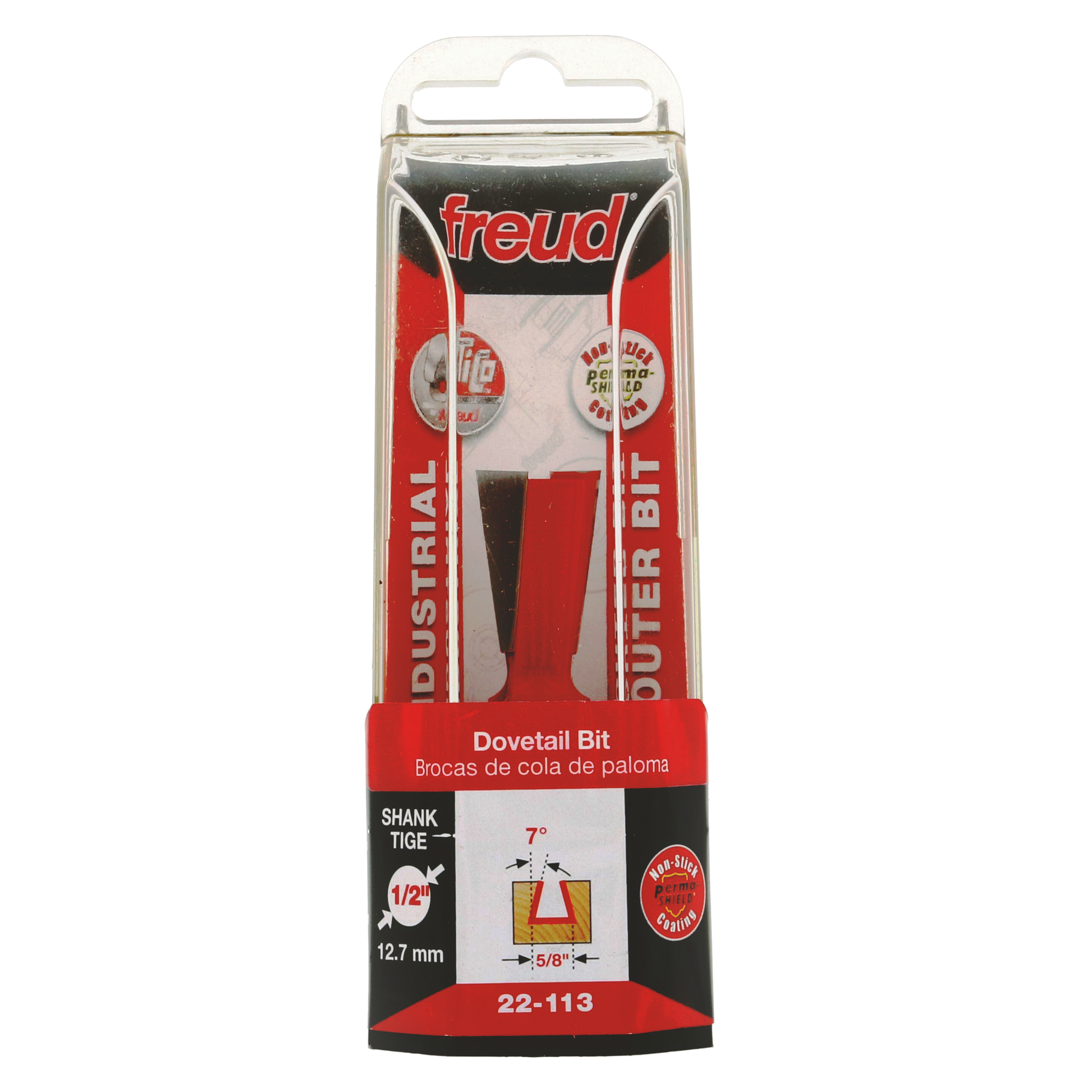 Freud 22-113 dovetail bit with 5/8" diameter and 1/2" shank in clear plastic packaging with red and black labeling.