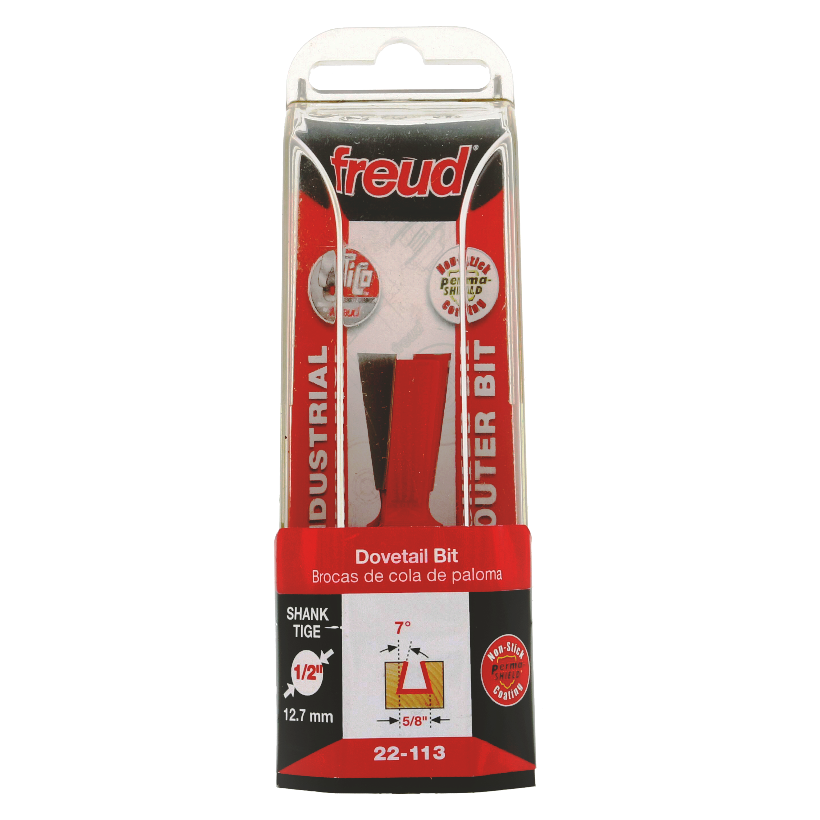 Freud 22-113 dovetail bit with 5/8" diameter and 1/2" shank in clear plastic packaging with red and black labeling.