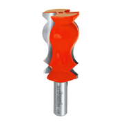 Red and silver router bit with crown molding profile and metal shank.