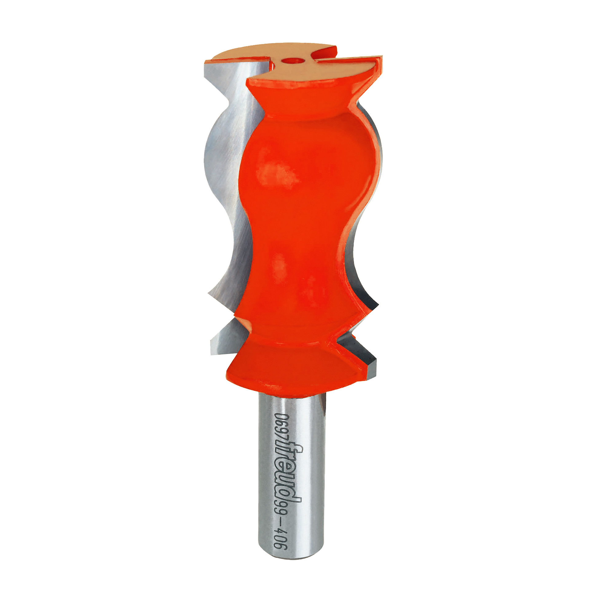 Red and silver router bit with crown molding profile and metal shank.