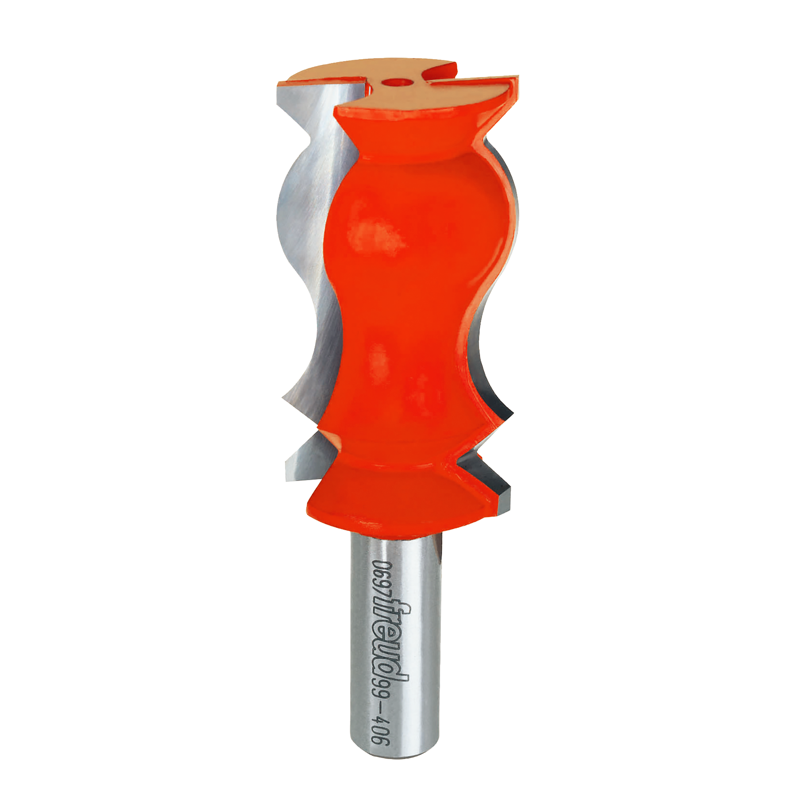 Red and silver router bit with crown molding profile and metal shank.