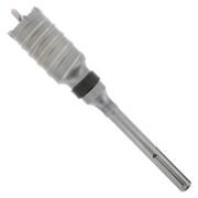 Gray SDS-Max carbide tipped core bit with ribbed cylindrical head and black band, tapered shaft with flutes.
