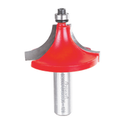 Router bit with red rounded beading head, metal shank, and bearing guide for woodworking edge profiling.