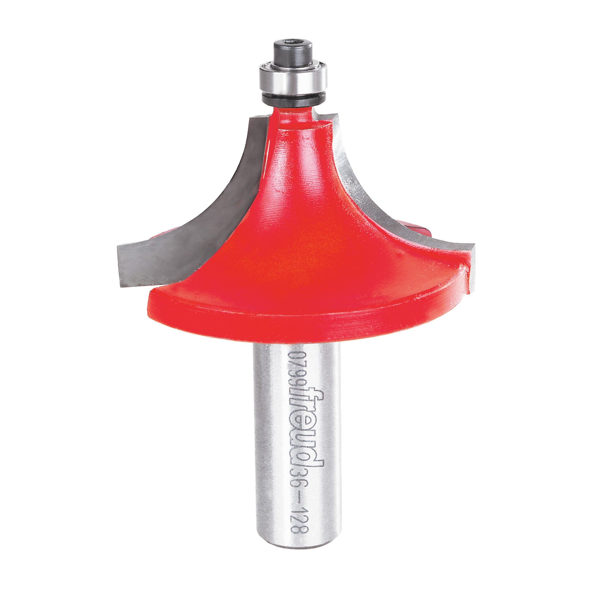 Router bit with red rounded beading head, metal shank, and bearing guide for woodworking edge profiling.